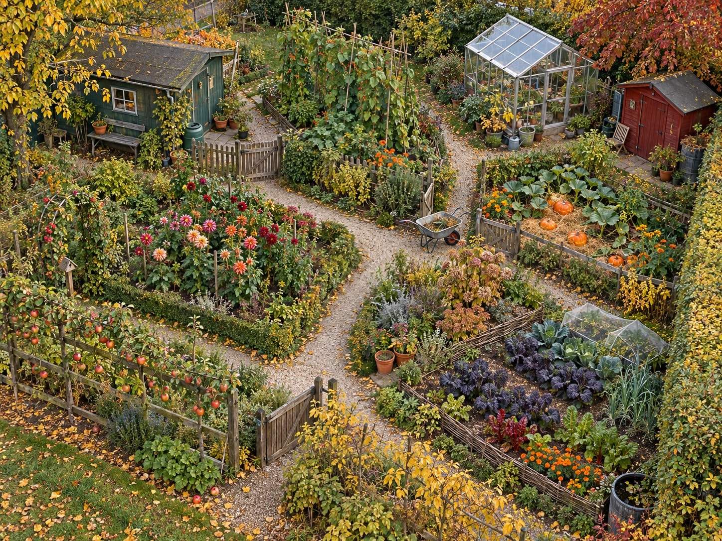 Allotment gardens from above with autumn trees, wooden sheds, a glass greenhouse, pumpkins, purple cabbage, dahlias and gravel paths.