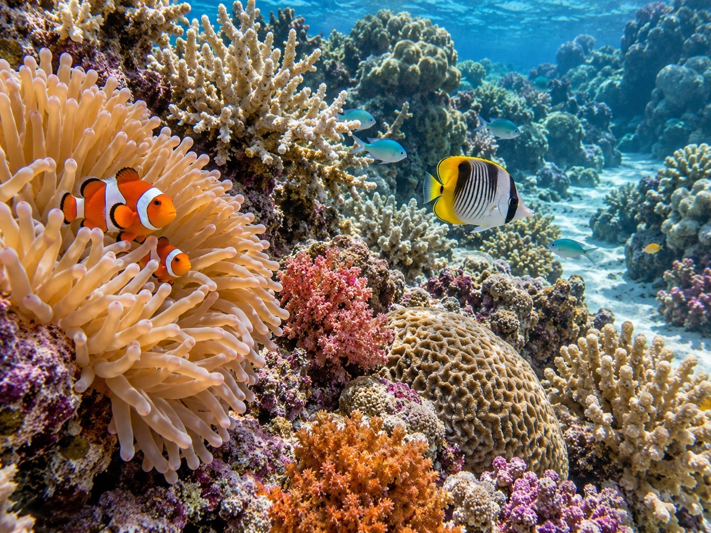 Two clownfish amongst the tentacles of a sea anemone, with a yellow-striped fish and small blue fish above a colourful coral reef.