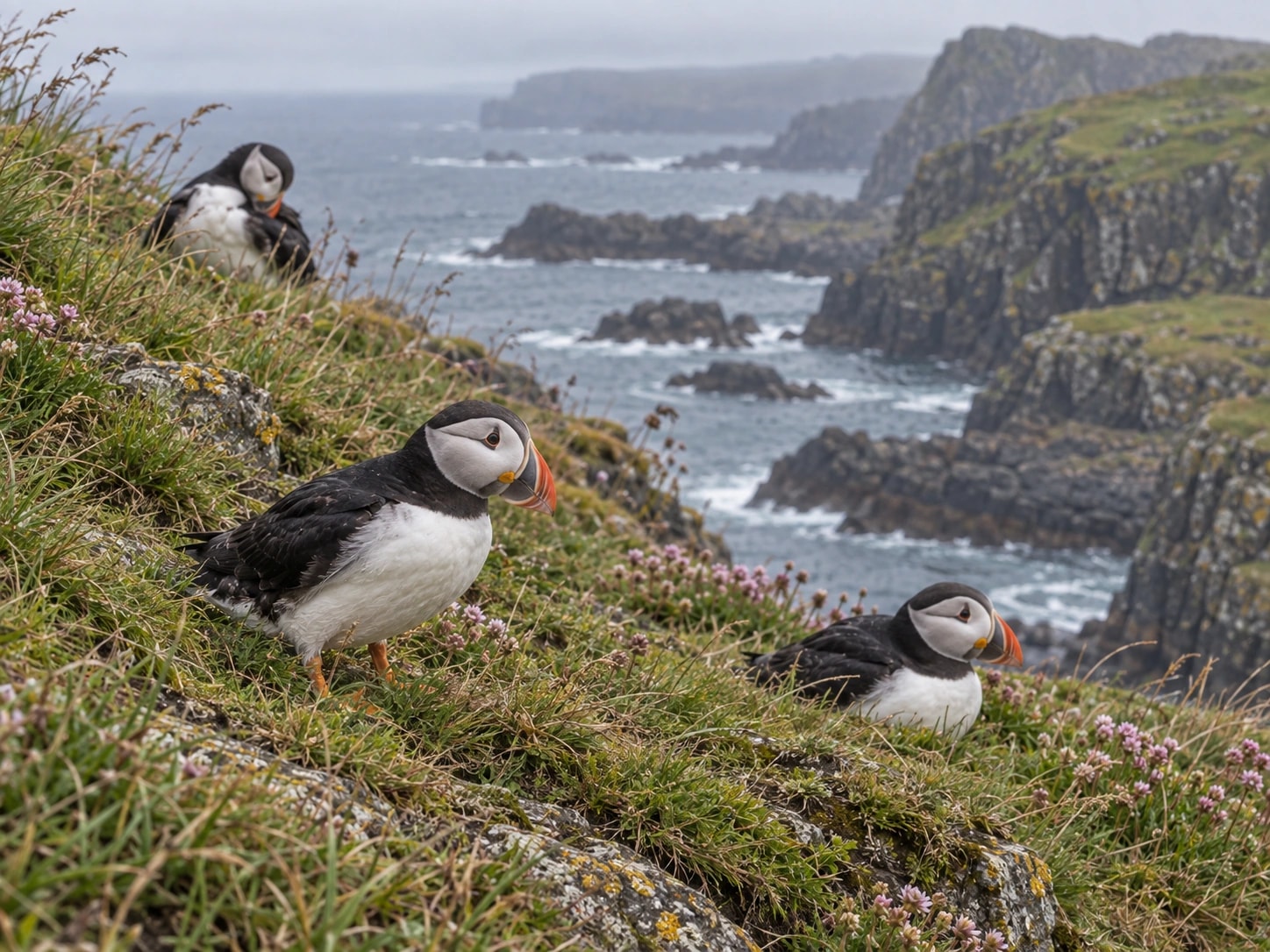 Three puffins amongst grass, rocks and small flowers on a coastal slope, with a grey sea and cliffs in the background.