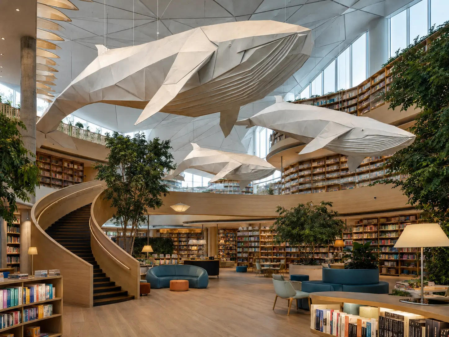 Modern library with wooden stairs, books, trees and giant folded-paper whales below the ceiling