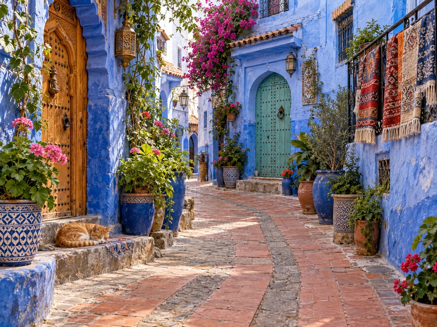 Moroccan alley with blue walls, wooden doors, flowering plants, woven rugs and a sleeping ginger cat on a stone step.