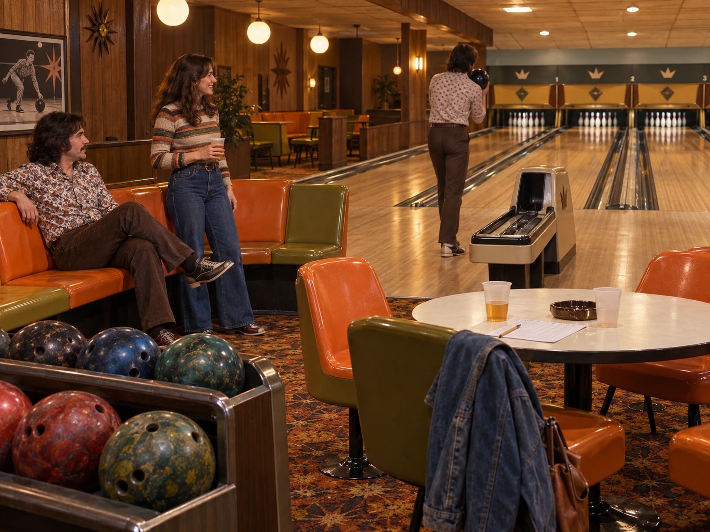 Three friends in a 1970s bowling alley, featuring orange and green seats, coloured bowling balls, wooden lanes and warm lighting.