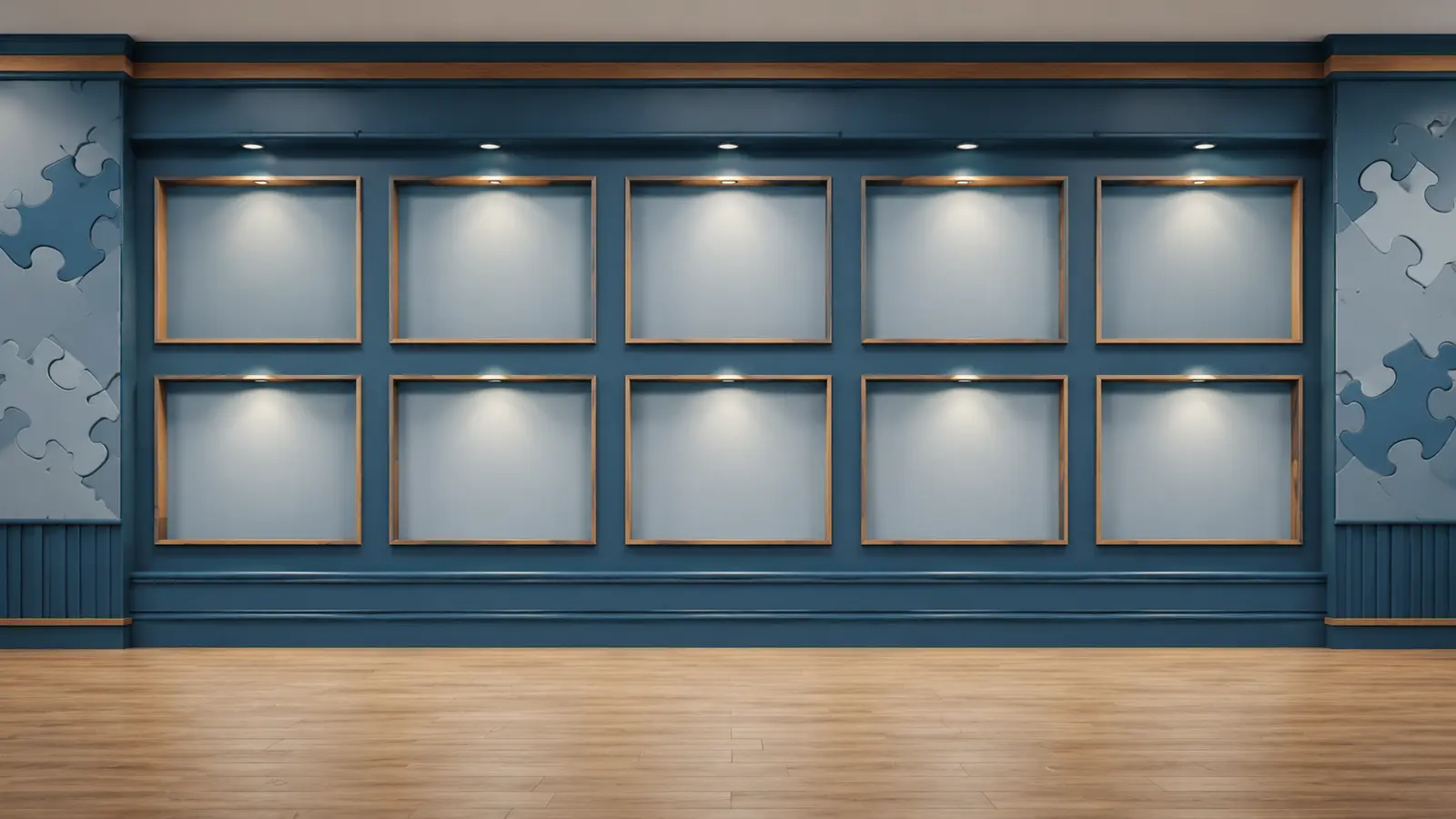A bright puzzle gallery with space for completed puzzles