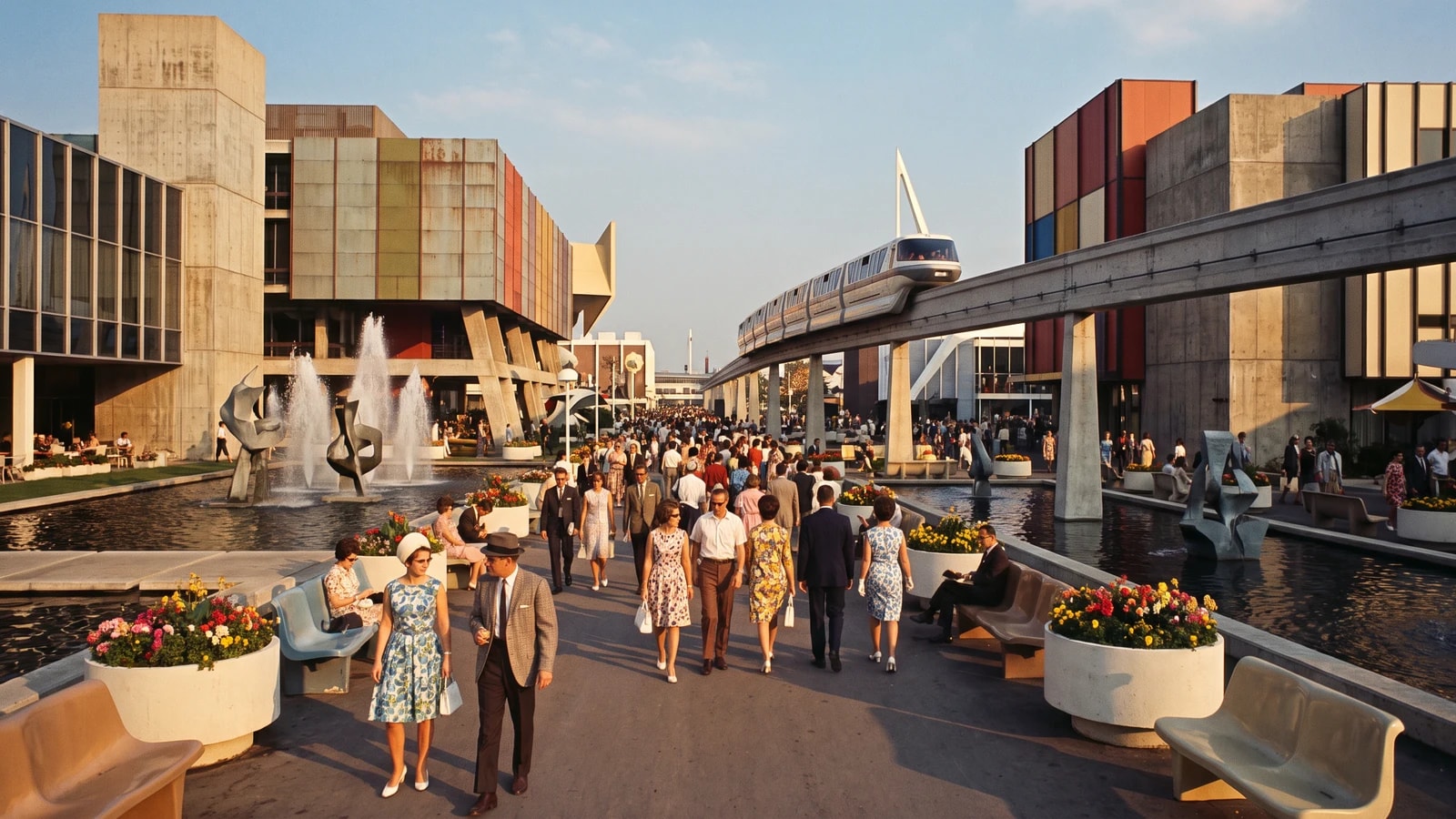 Ein lebendiges retro-futuristisches Expo-Gelände aus den 1960er-Jahren mit spazierenden Besuchern in Kleidung jener Zeit, einer Monorail auf einer Beton-Trasse, Springbrunnen und modernistischer Architektur mit farbenfrohen Flächen.