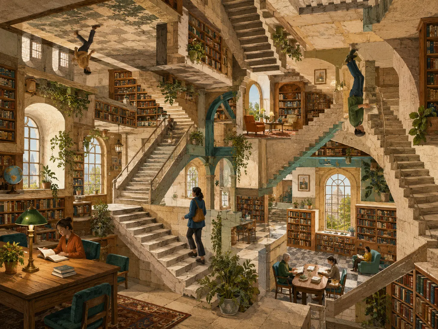 Warm library with impossible staircases and readers on floors, walls and ceilings