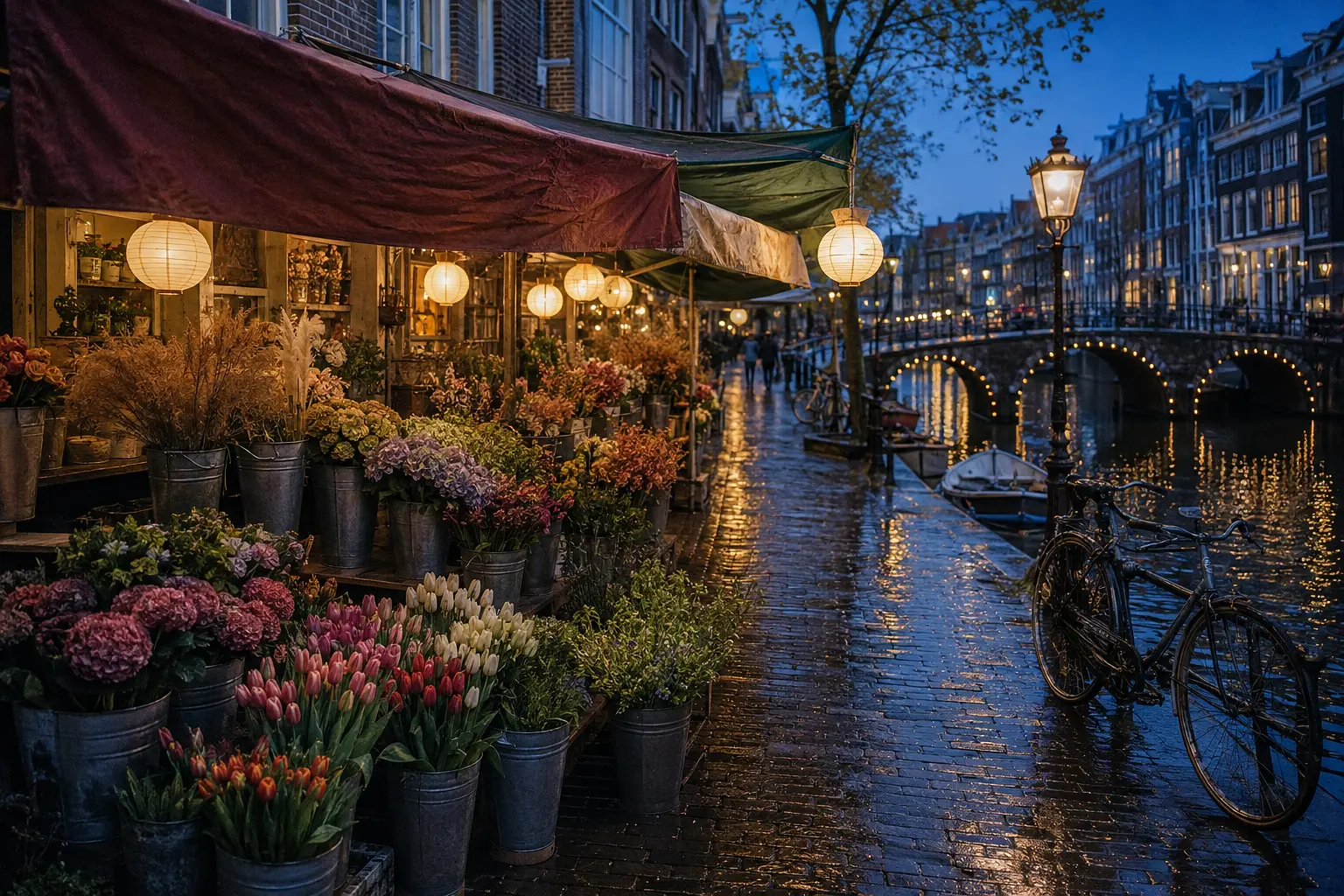 Canal-side flower market at blue hour with wet paving, paper lanterns and buckets of tulips and hydrangeas