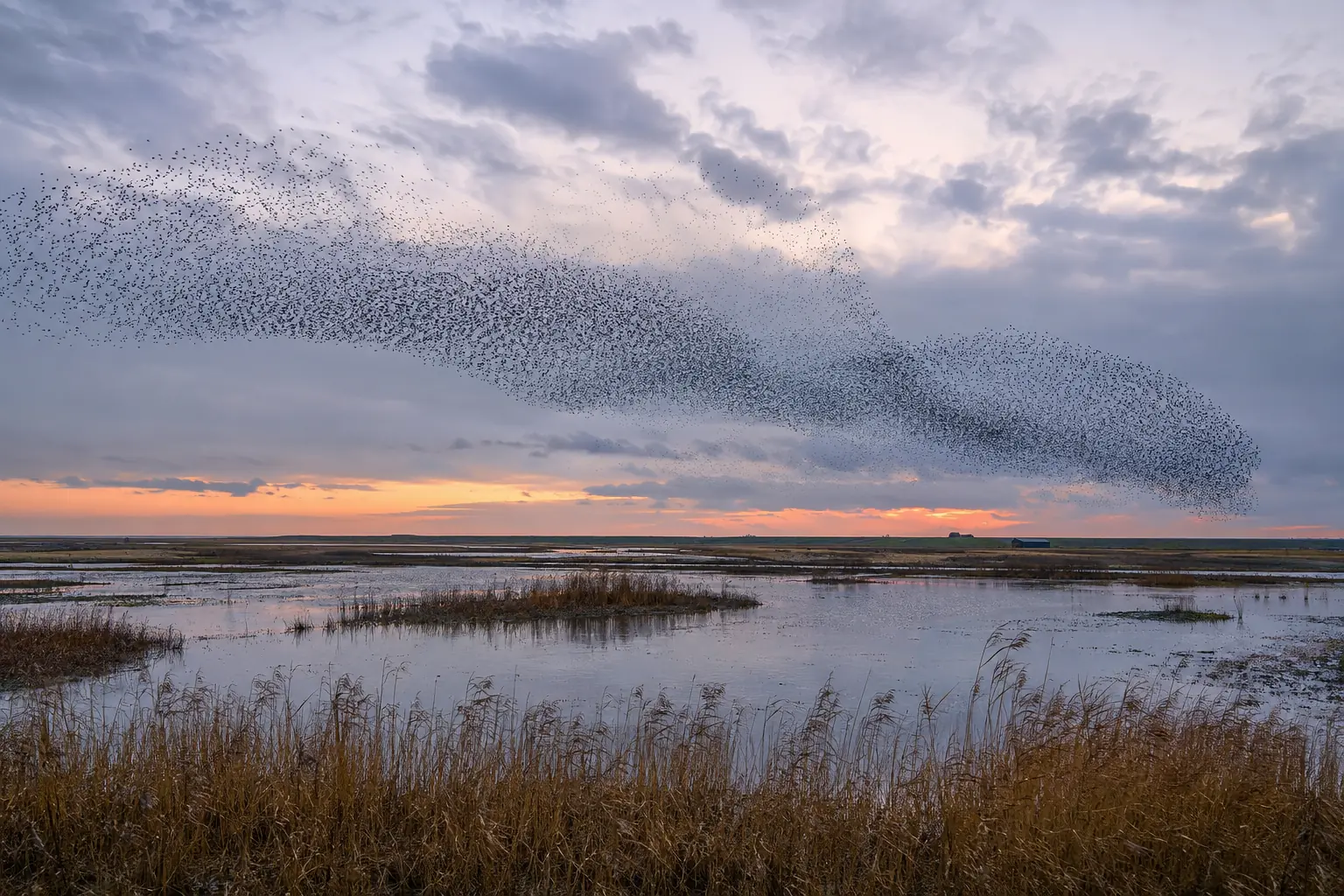 Large murmuration of starlings forming a dark ribbon above reeds, mudflats and reflective channels at dusk