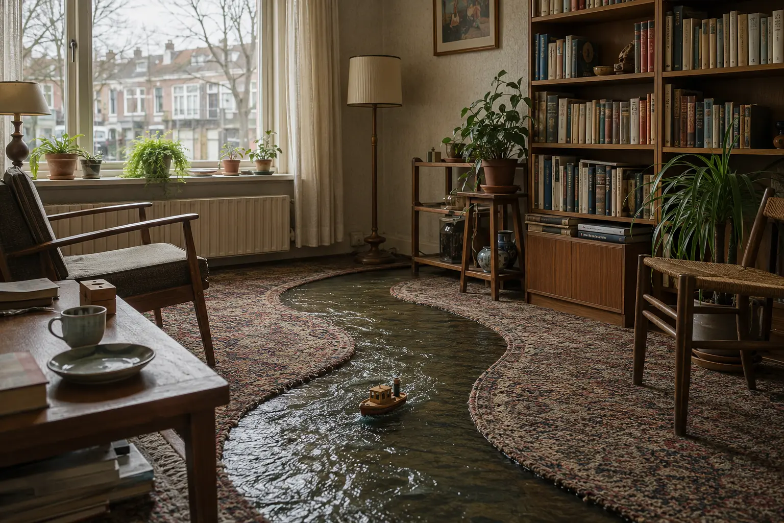 Lived-in sitting room where an old rug becomes a winding river carrying a small toy boat