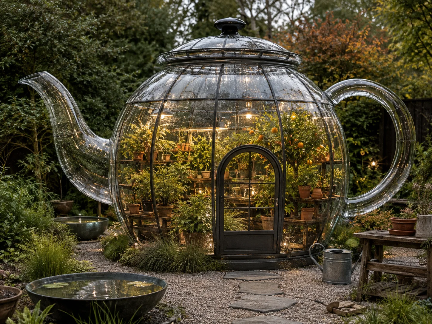 Riesige gläserne Teekanne als pflanzengefülltes Gewächshaus in einem modernen Garten