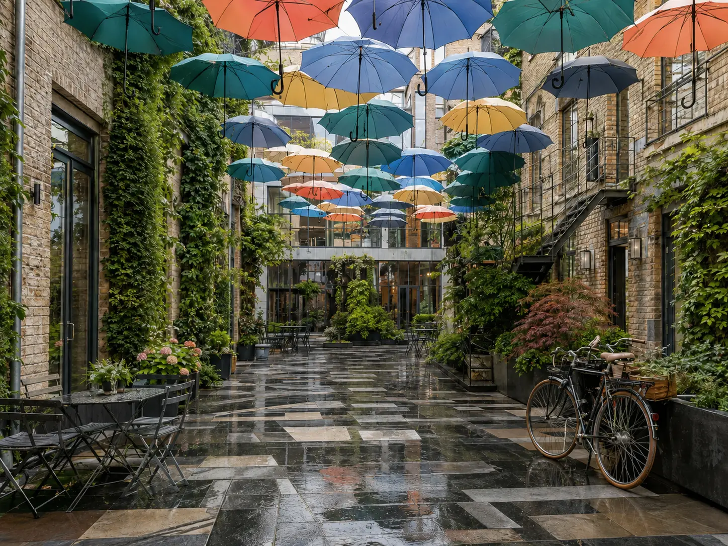 Modern planted courtyard with colourful hanging umbrellas, wet paving and bicycles