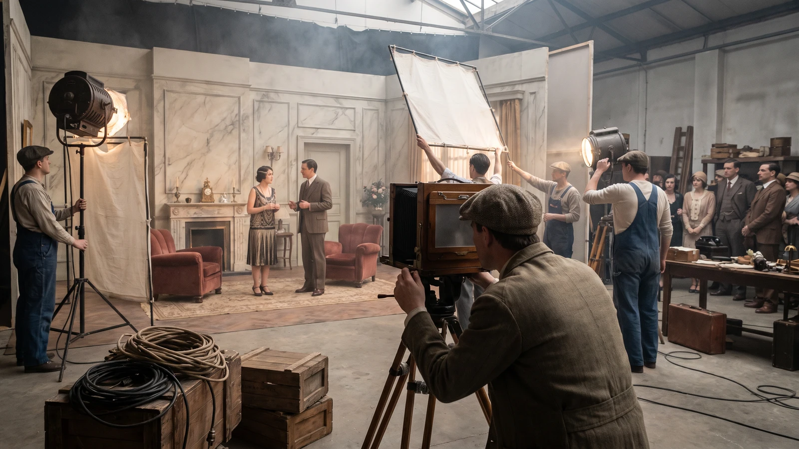 A 1920s film set where a film crew with a vintage camera and studio lights films two actors in a constructed living room set.