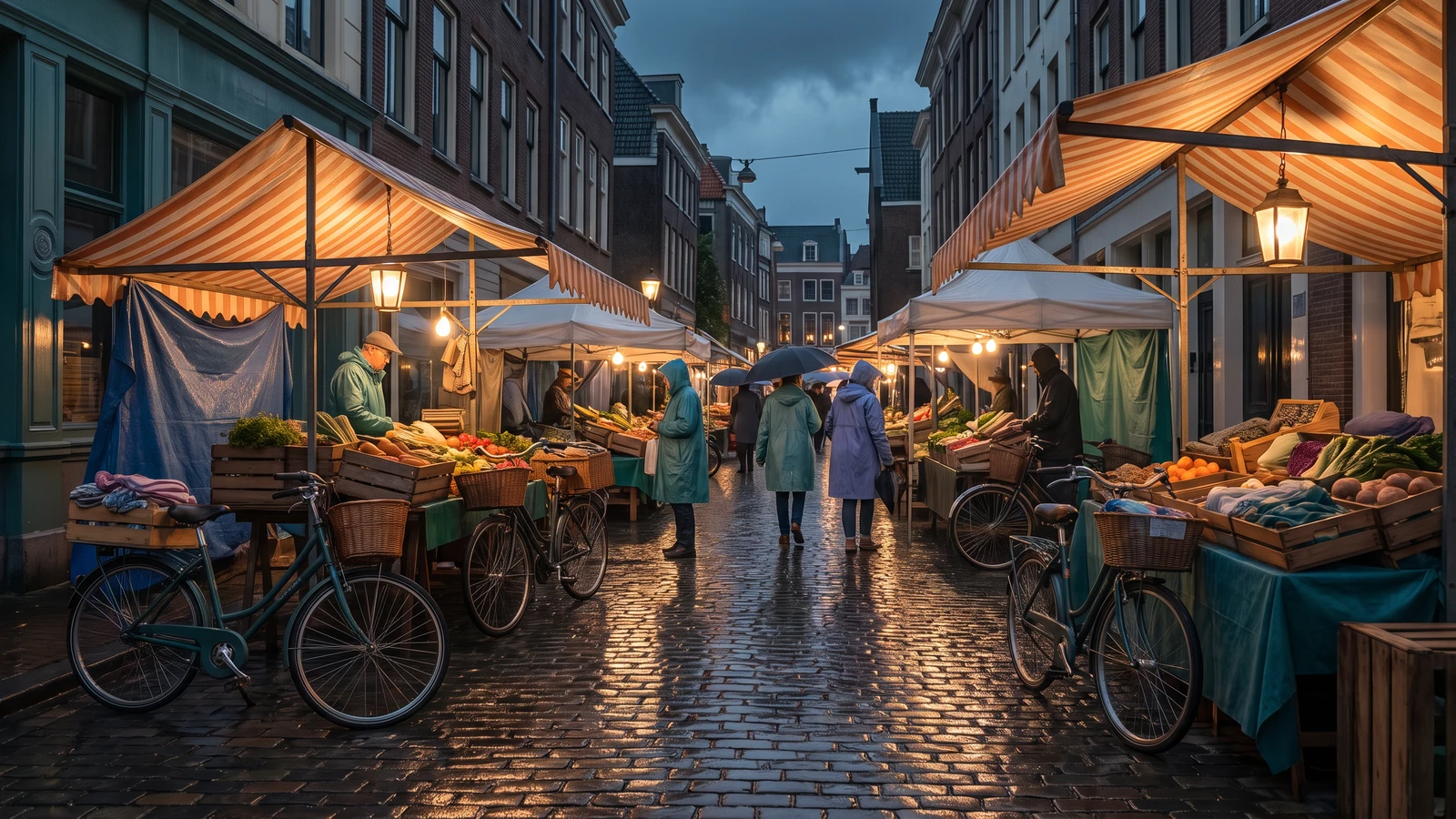 An atmospheric Dutch city street at dusk with illuminated market stalls under striped awnings, bicycles with wicker baskets, and passersby in raincoats on wet cobblestones.