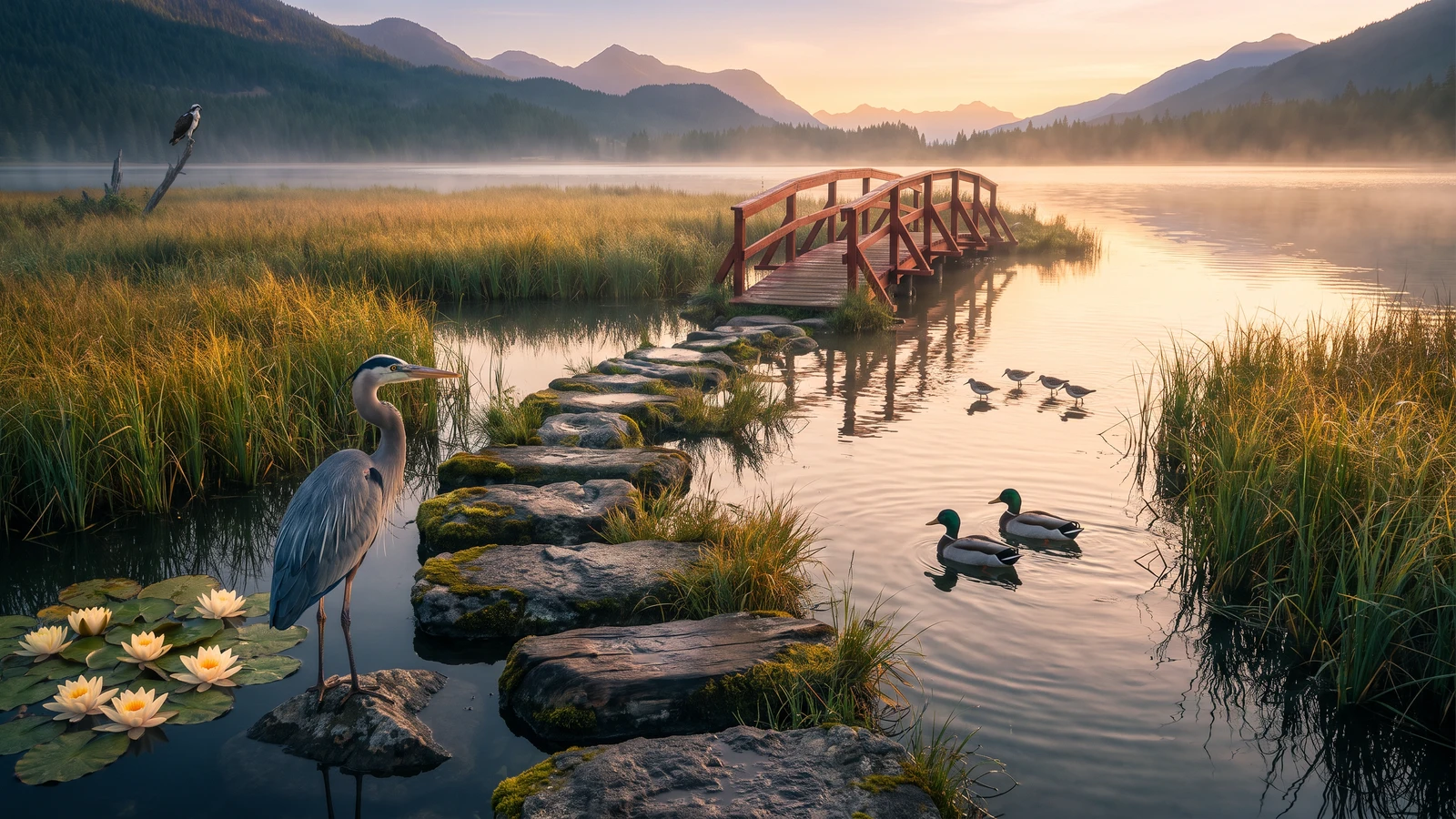 An atmospheric mountain lake at sunrise with a grey heron in the foreground, blooming water lilies, a stone stepping-stone path leading to a wooden arched bridge, and swimming mallards.