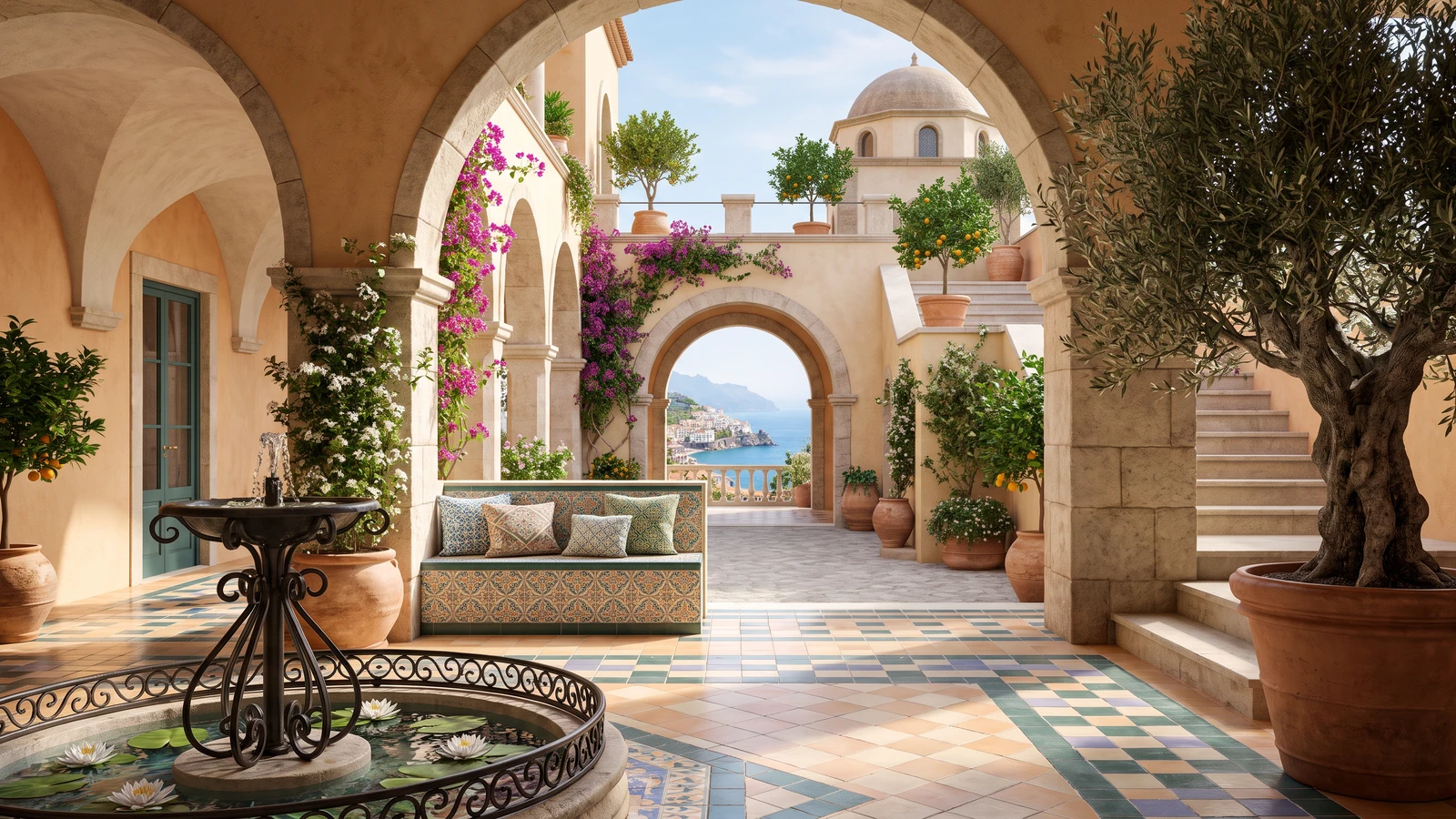 A sunny Mediterranean courtyard with stone arches, a fountain with water lilies in the foreground, a large olive tree, a tiled bench with cushions, and a view through to a coastal village beside a deep blue sea.