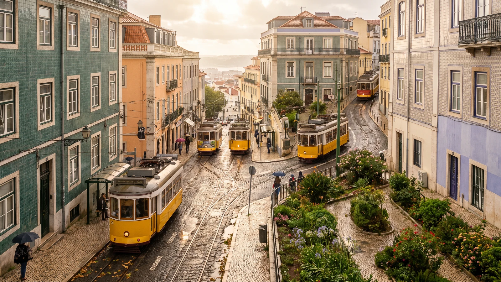 An atmospheric cityscape in Lisbon featuring several classic yellow trams on wet cobblestones, surrounded by traditional tiled facades and a small park with flowers.