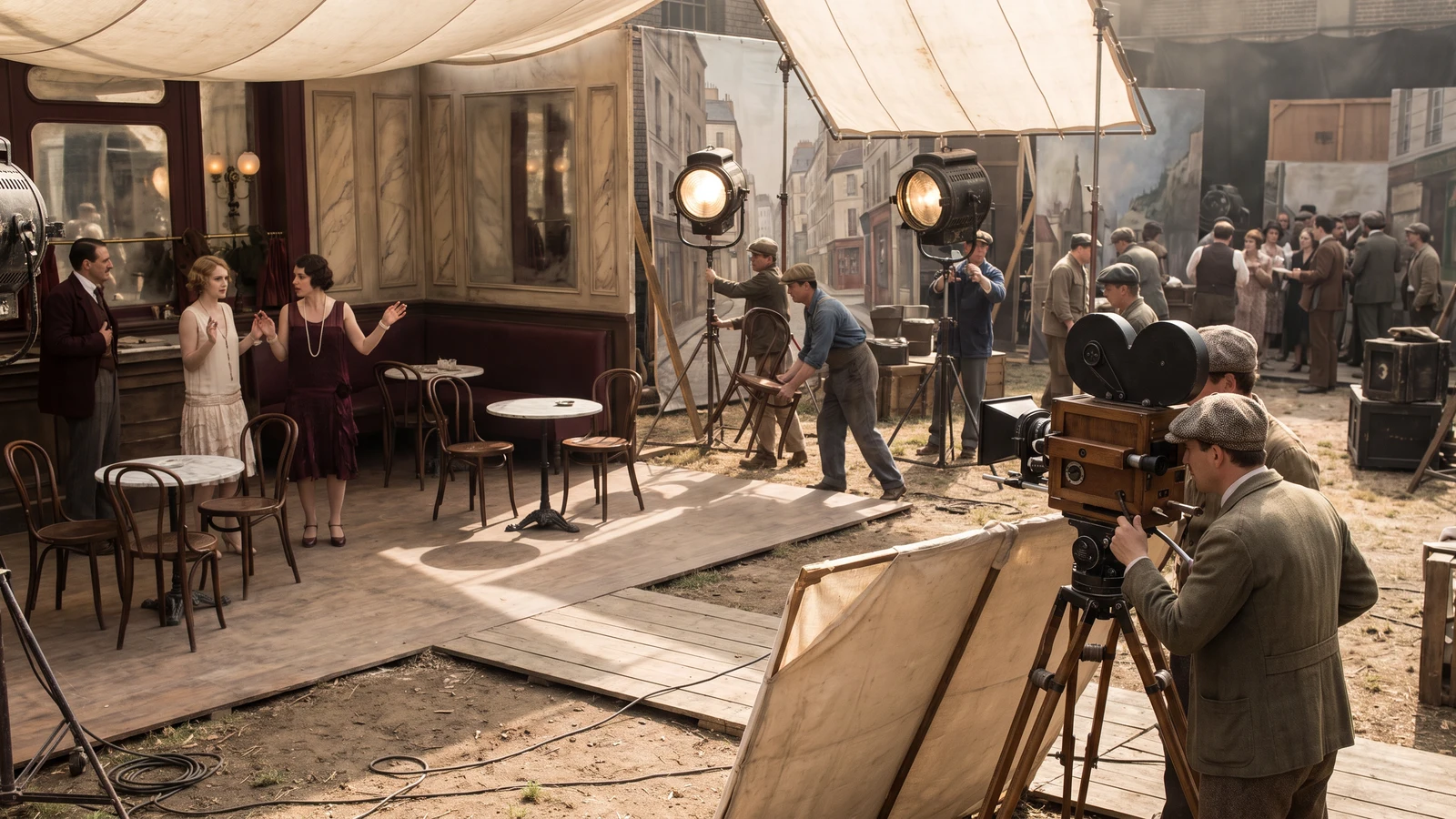 A 1920s film set with a café backdrop featuring actors in vintage clothing on the left, and a film crew with a classic camera on a tripod and large studio lights on the right.