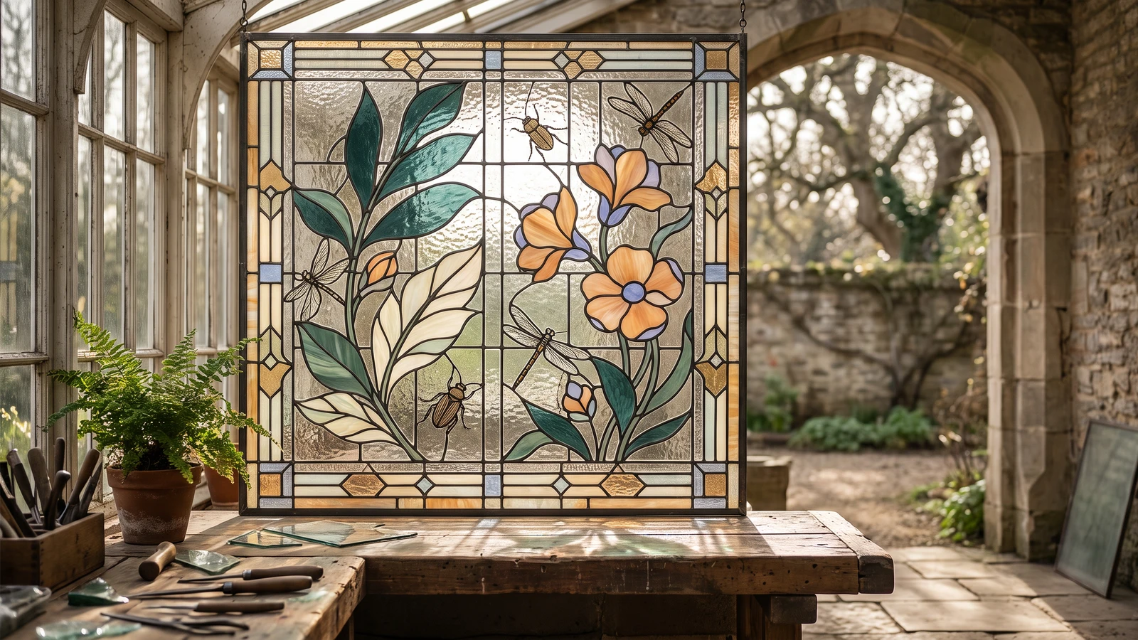 A painted stained-glass panel featuring orange flowers, green leaves, and dragonflies rests on a wooden workbench in a sunny studio.