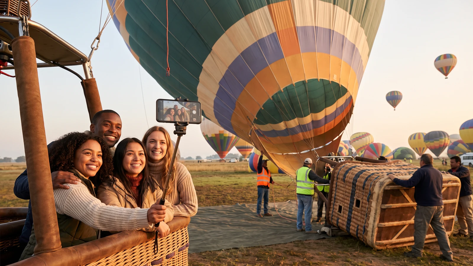 A group of friends takes a selfie with a selfie stick from the basket of a hot air balloon, while colorful hot air balloons ascend and are being prepared in the background.