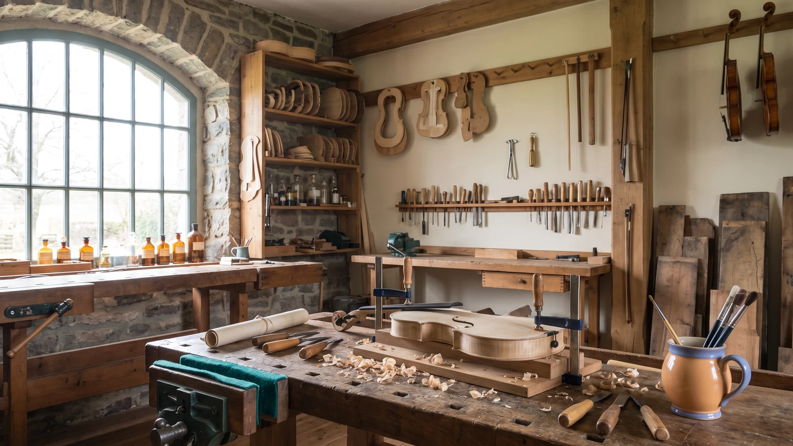 An artisan violin maker's workshop featuring a wooden workbench with violin parts and wood shavings in the foreground, cabinets filled with molds, tools on the wall, and a large arched stone window.