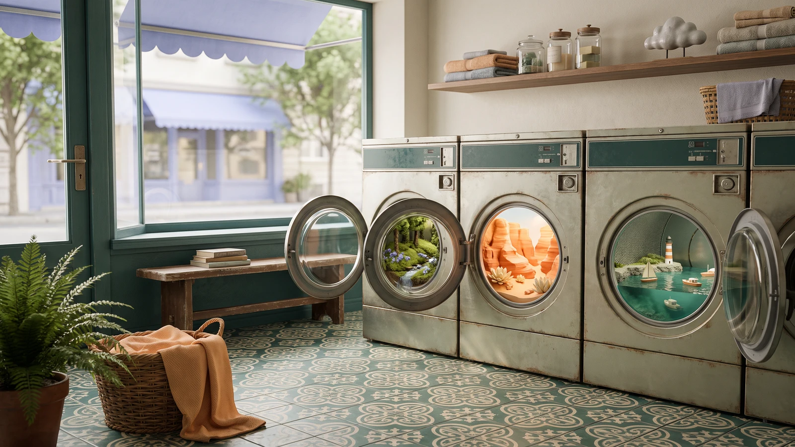 An atmospheric laundromat featuring vintage washing machines revealing surreal miniature worlds: a green forest, a red desert, and an ocean with a lighthouse.