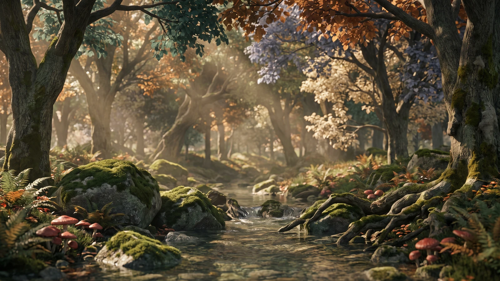 An atmospheric forest stream with moss-covered stones, red mushrooms, gnarled tree roots, and sunlight filtering through colorful autumn leaves.