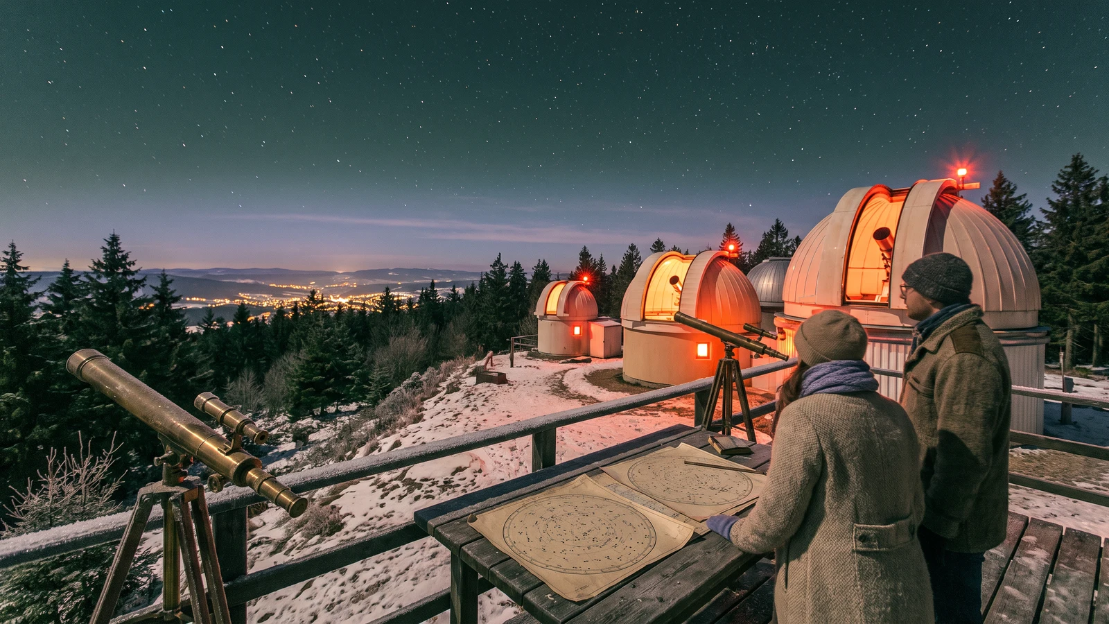 Two people in winter clothing study star charts at a wooden table near an observatory under a clear, star-filled night sky.