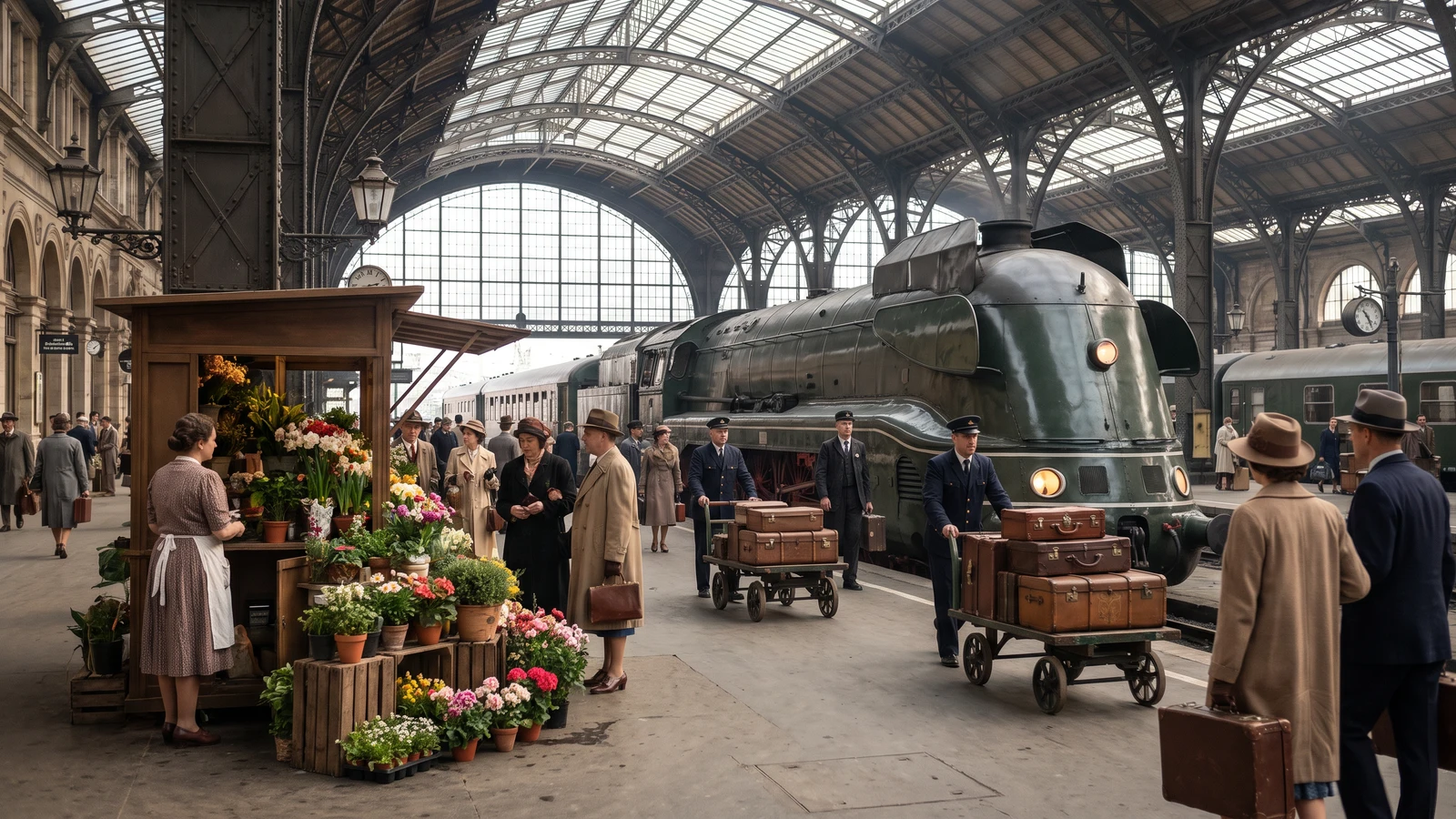 A bustling train station from the early twentieth century featuring a large green streamlined locomotive alongside the platform, travelers in classic trench coats and hats, porters with luggage carts laden with leather suitcases, and a colorful flower stall.