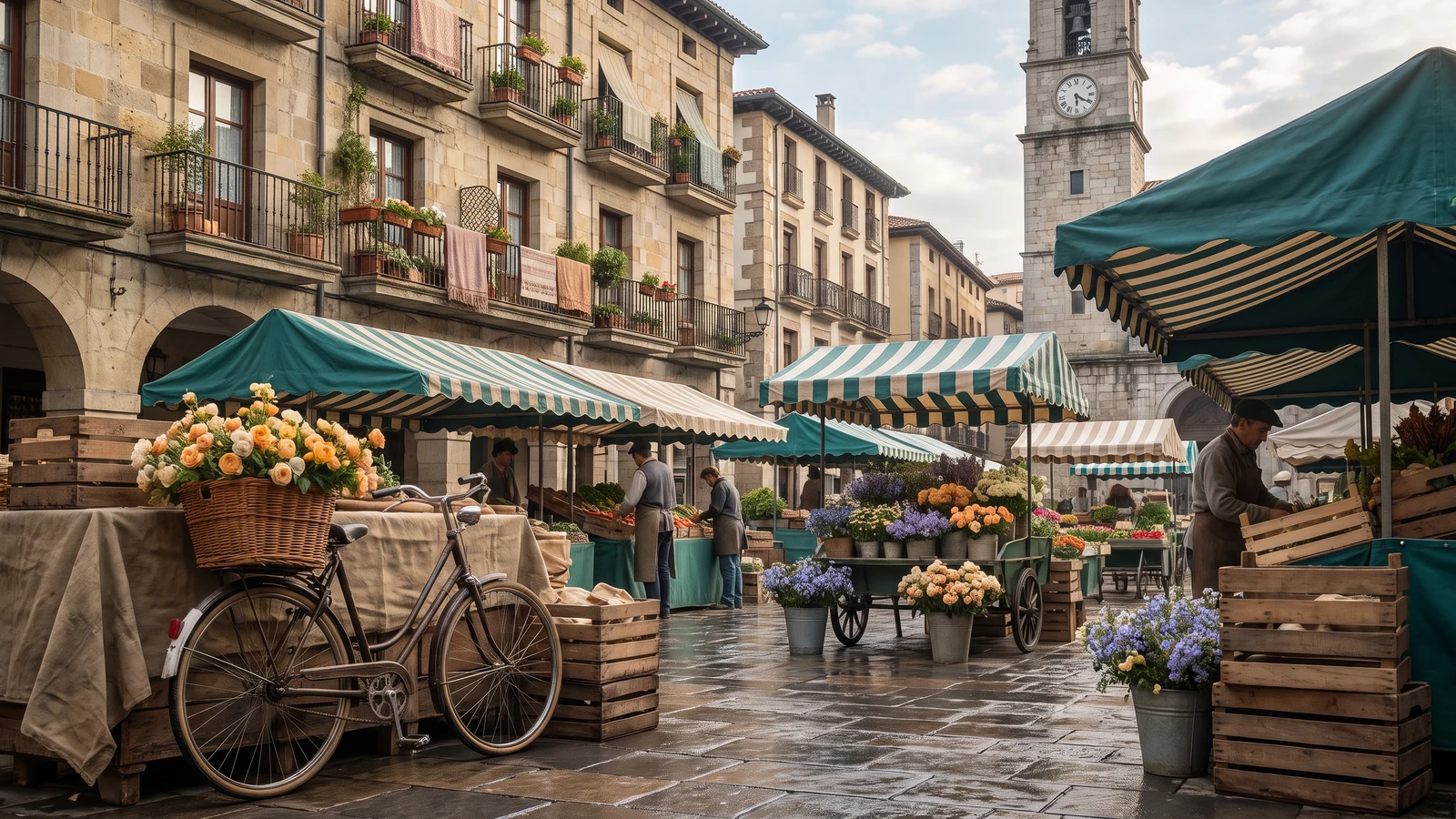 Atmospheric historic town square with market stalls featuring green-and-white striped awnings, a vintage bicycle with a full flower basket, wooden crates, and a stone clock tower in the background.
