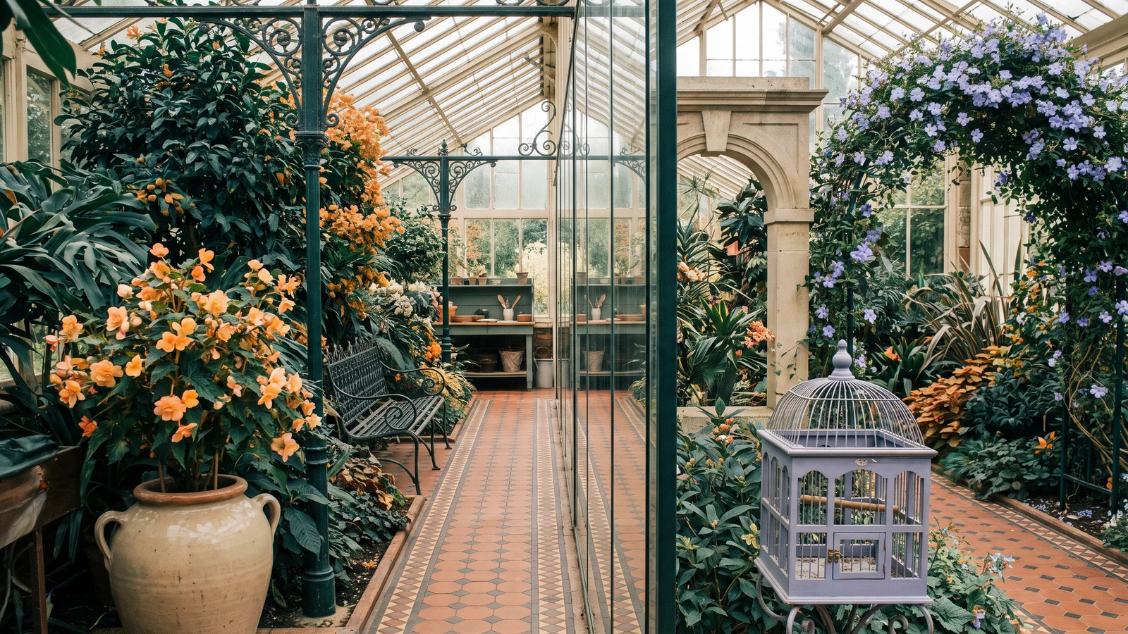 A classic glass greenhouse filled with colorful flowers and plants, where a large reflective glass wall creates an optical illusion of double pathways and reflected worktables.