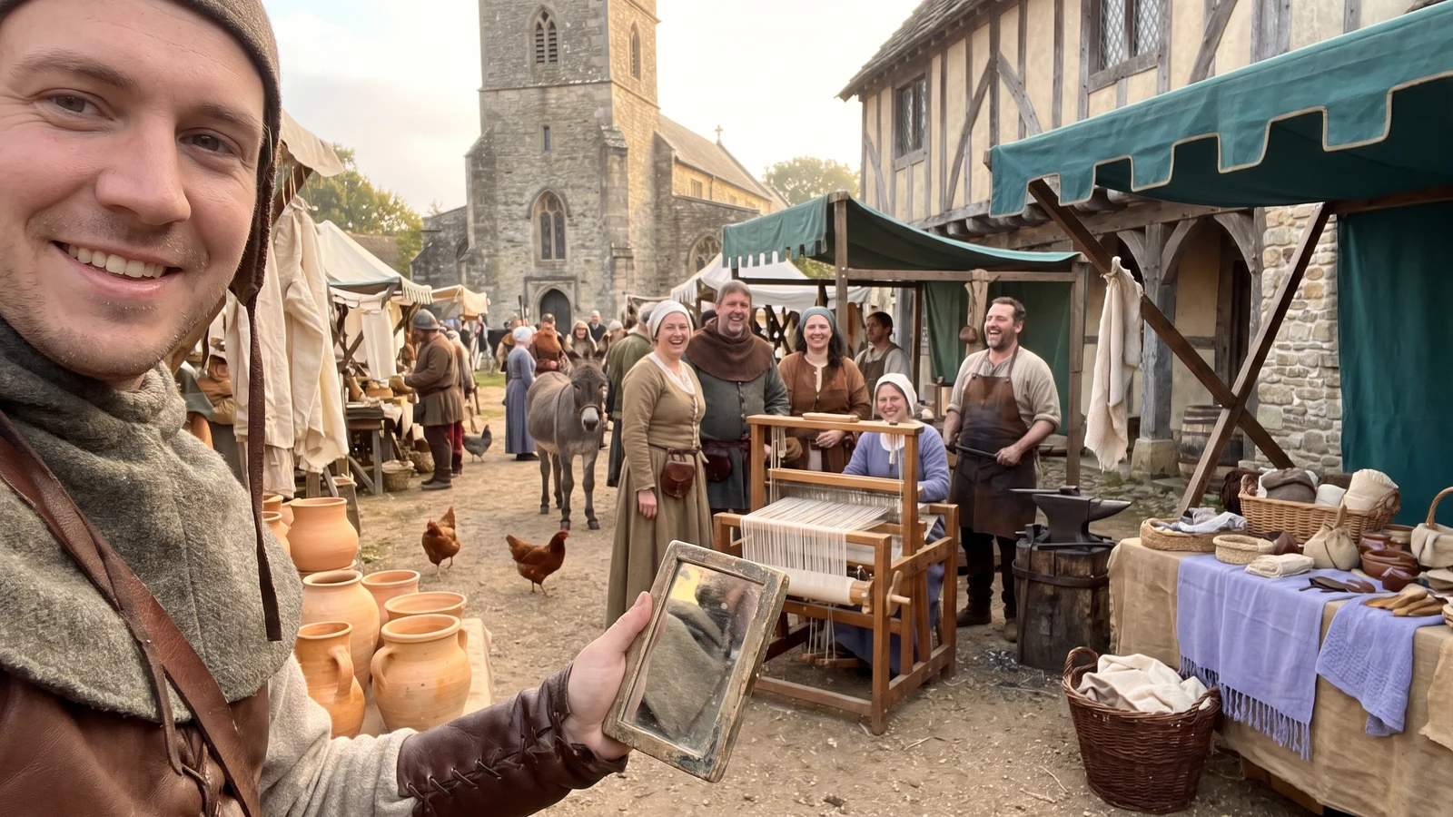 A cheerful man in medieval clothing takes a selfie at a historic market featuring a loom, a donkey, a blacksmith, terracotta pots, and a church in the background.