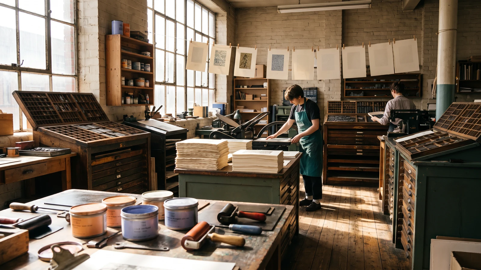 An atmospheric traditional print shop where a craftsman works at a classic printing press, surrounded by pots of colored ink, large type cases, and prints drying on a clothesline.