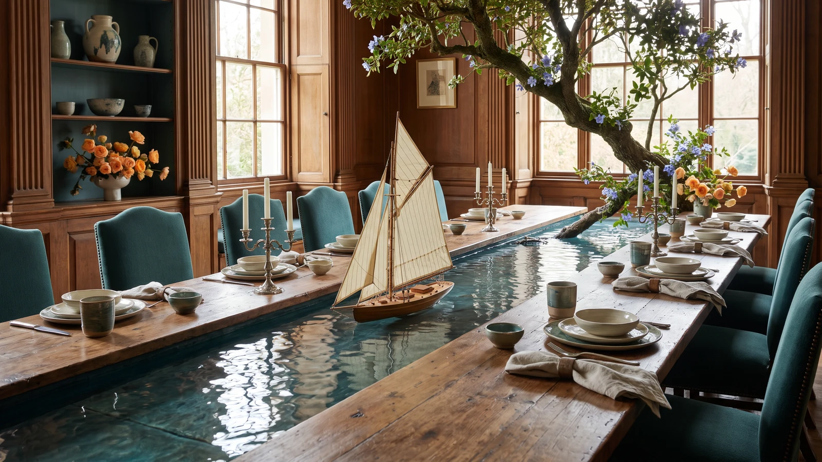 A surreal scene of a long wooden dining table with a built-in stream of water, on which a detailed little sailboat sails and a flowering tree grows out of the water.