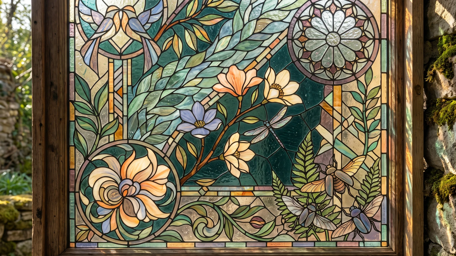 A detailed Art Nouveau stained-glass window in a wooden frame, decorated with birds, flowers, a dragonfly, a circular rosette, and beetles among the ferns.