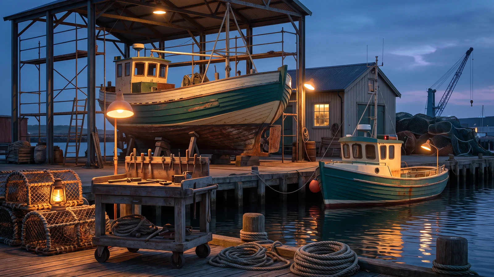 Atmospheric shipyard at dusk with wooden fishing boats, a workbench full of tools, fish baskets, and warm lanterns along the quay.