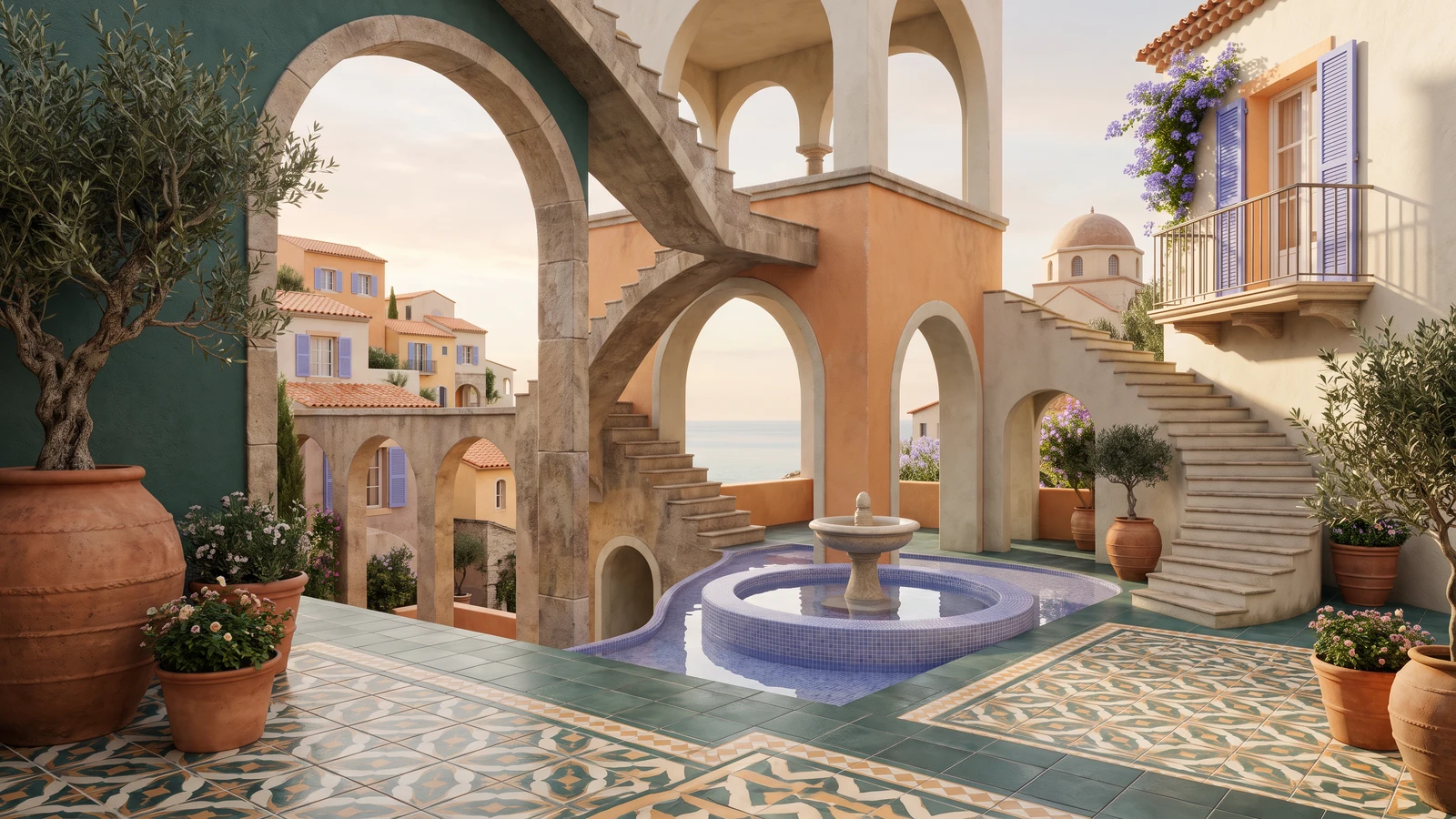 Een optische illusie van een zonnige mediterrane binnenplaats met onmogelijke trappen, bogen, terracotta potten, siertrappen en gedetailleerde vloertegels.