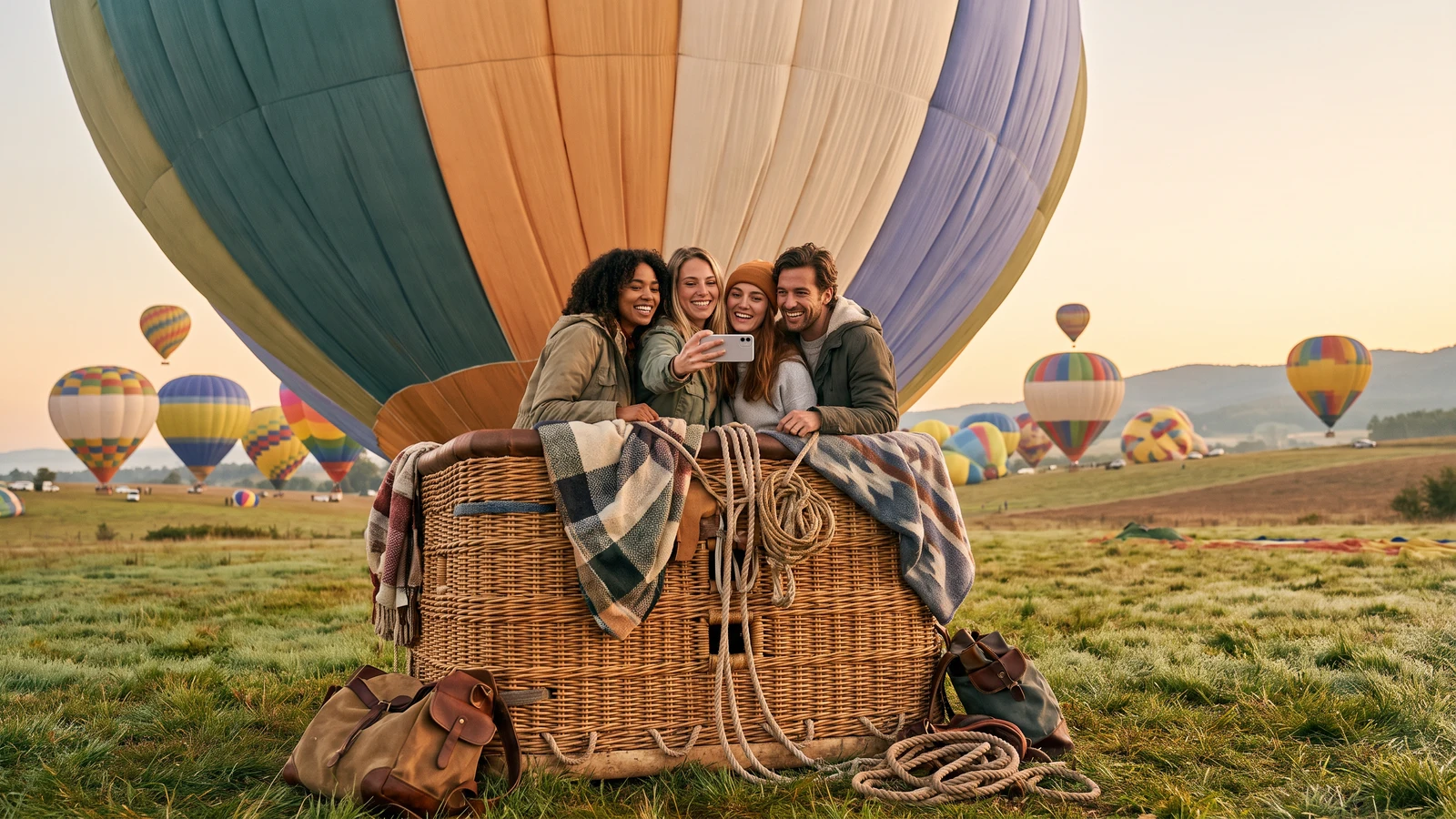 Vier glimlachende vrienden maken een selfie vanuit een rieten heteluchtballonmand op een veld vol heteluchtballonnen tijdens zonsopkomst.