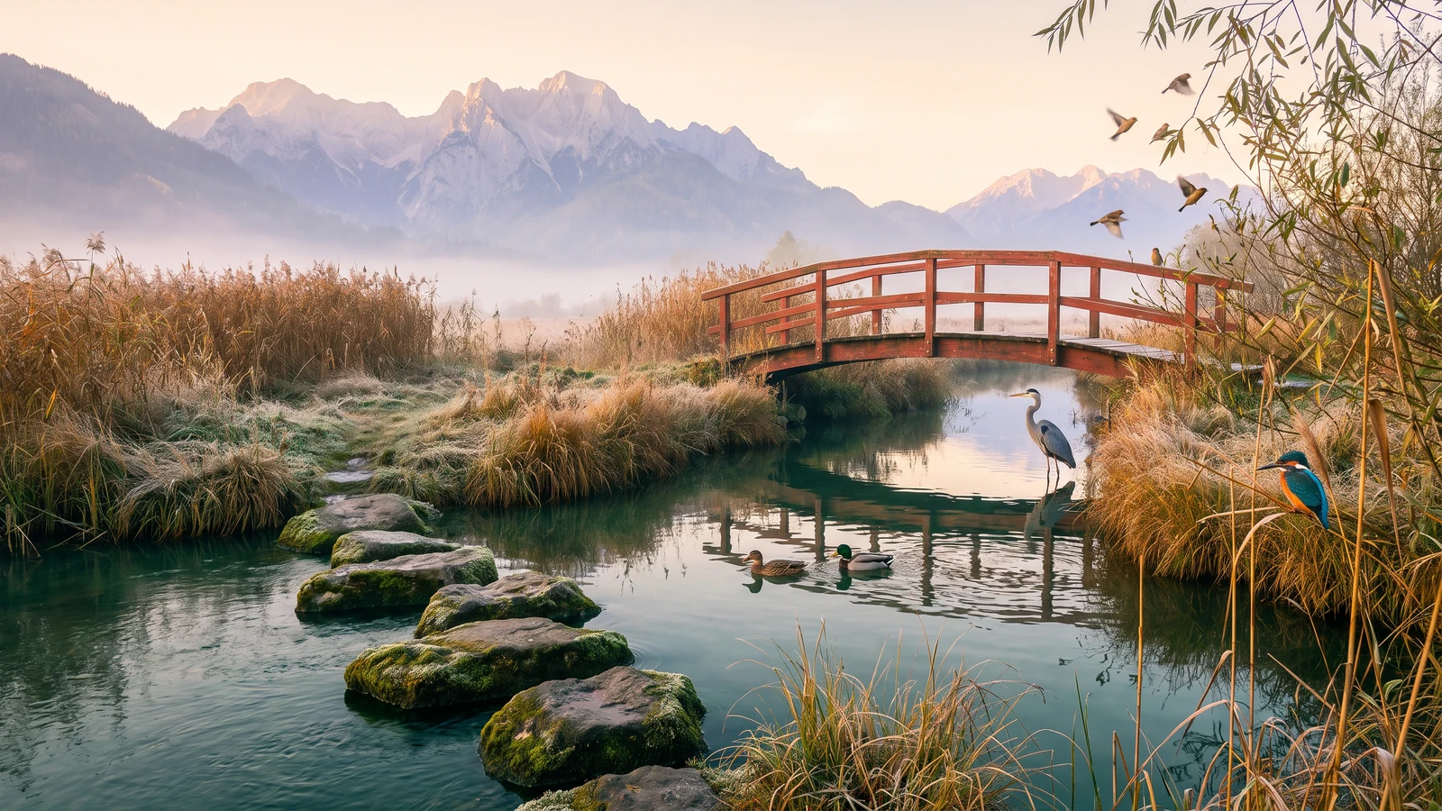 Schilderachtig natuurlandschap in de ochtendzon met stapstenen in een heldere beek, een rode houten brug, eenden, een reiger en een ijsvogel voor een mistig bergdecor.