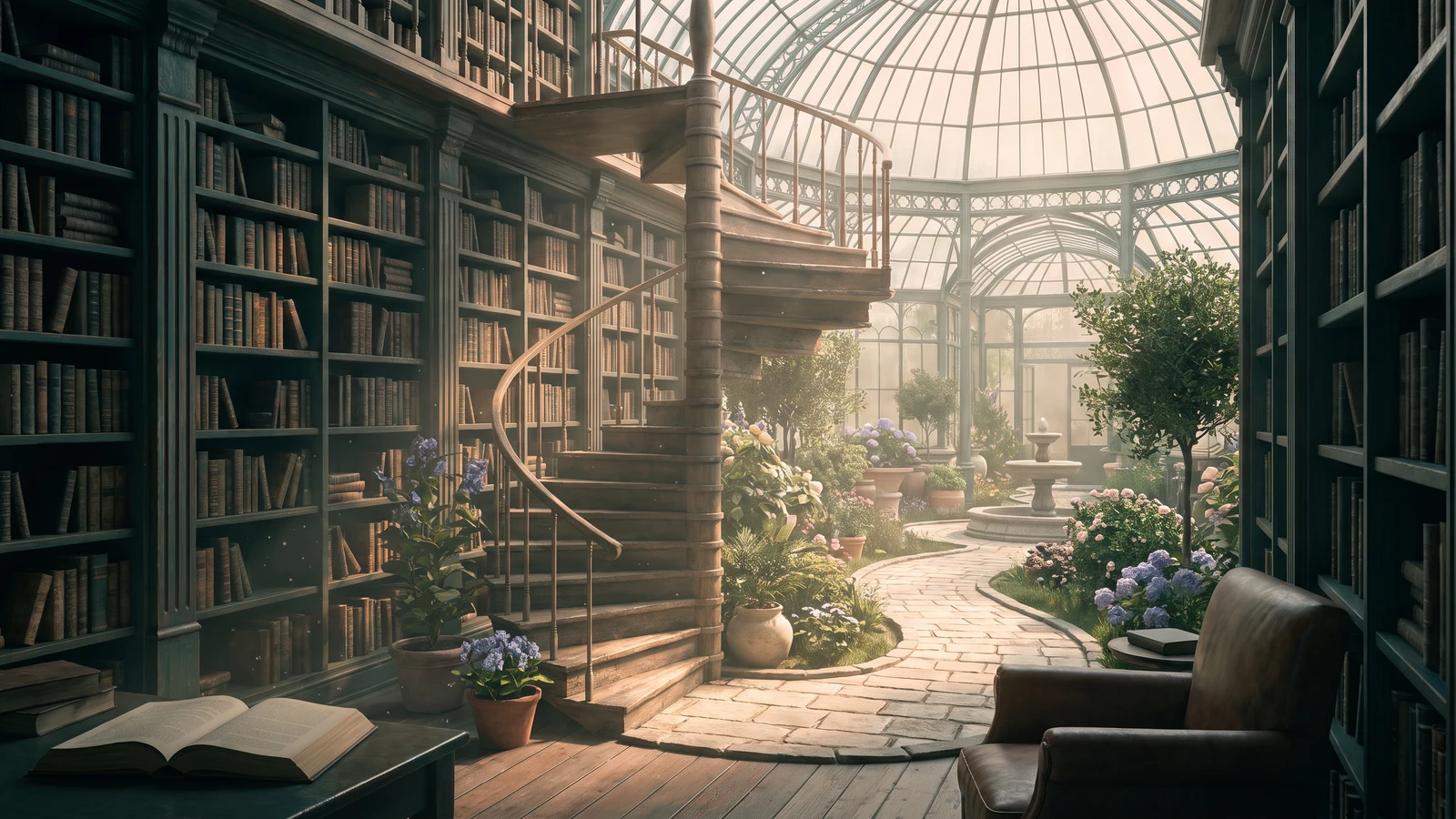 Een sfeervolle klassieke bibliotheek met hoge boekenkasten die naadloos overgaat in een zonnige glazen serre met een stenen pad, bloeiende planten en een houten wenteltrap.