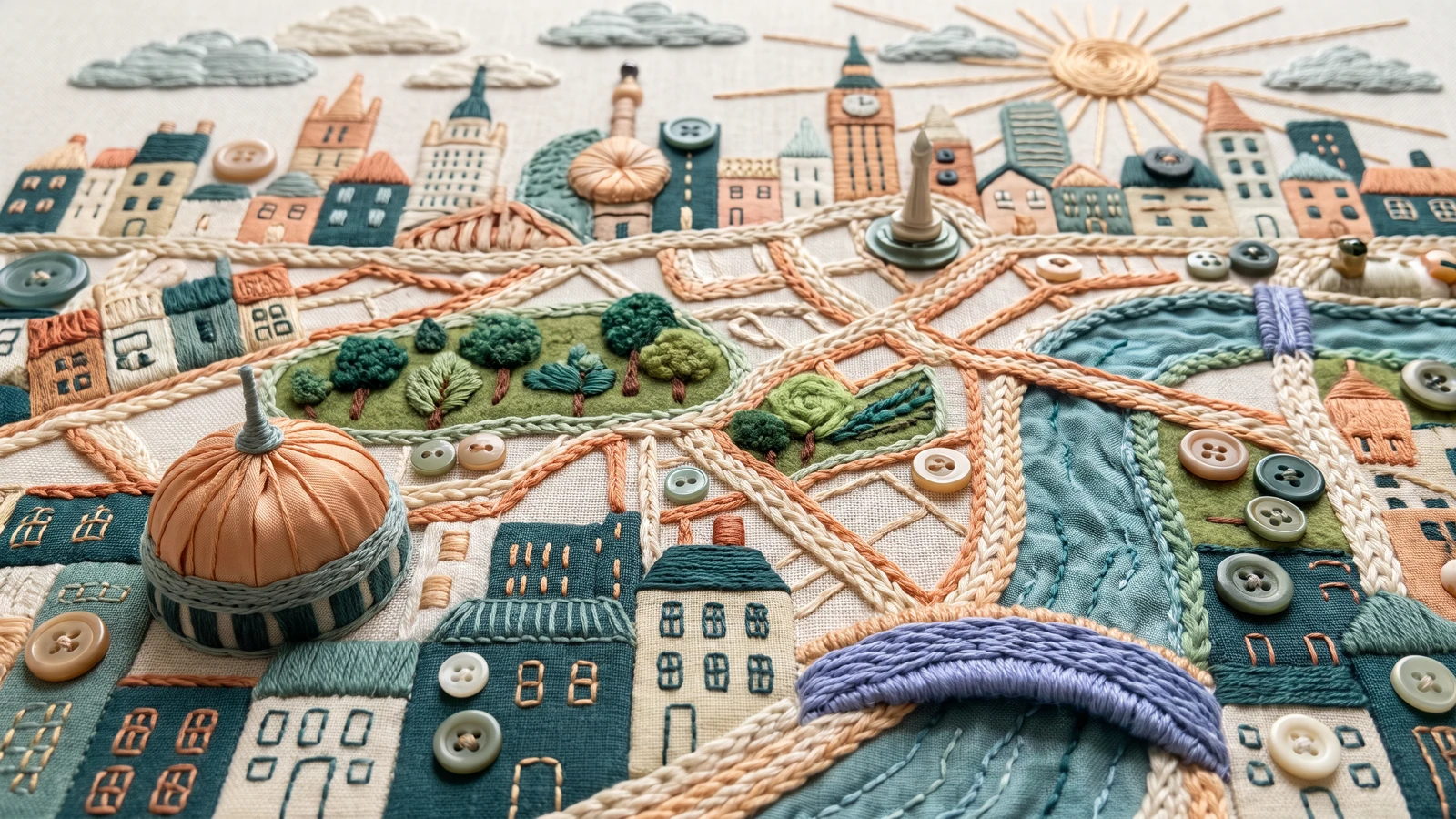 Een gedetailleerd textielkunstwerk van een stadsplattegrond en skyline, opgebouwd uit borduurwerk, knopen, vlechtwerk en stoffen applicaties.