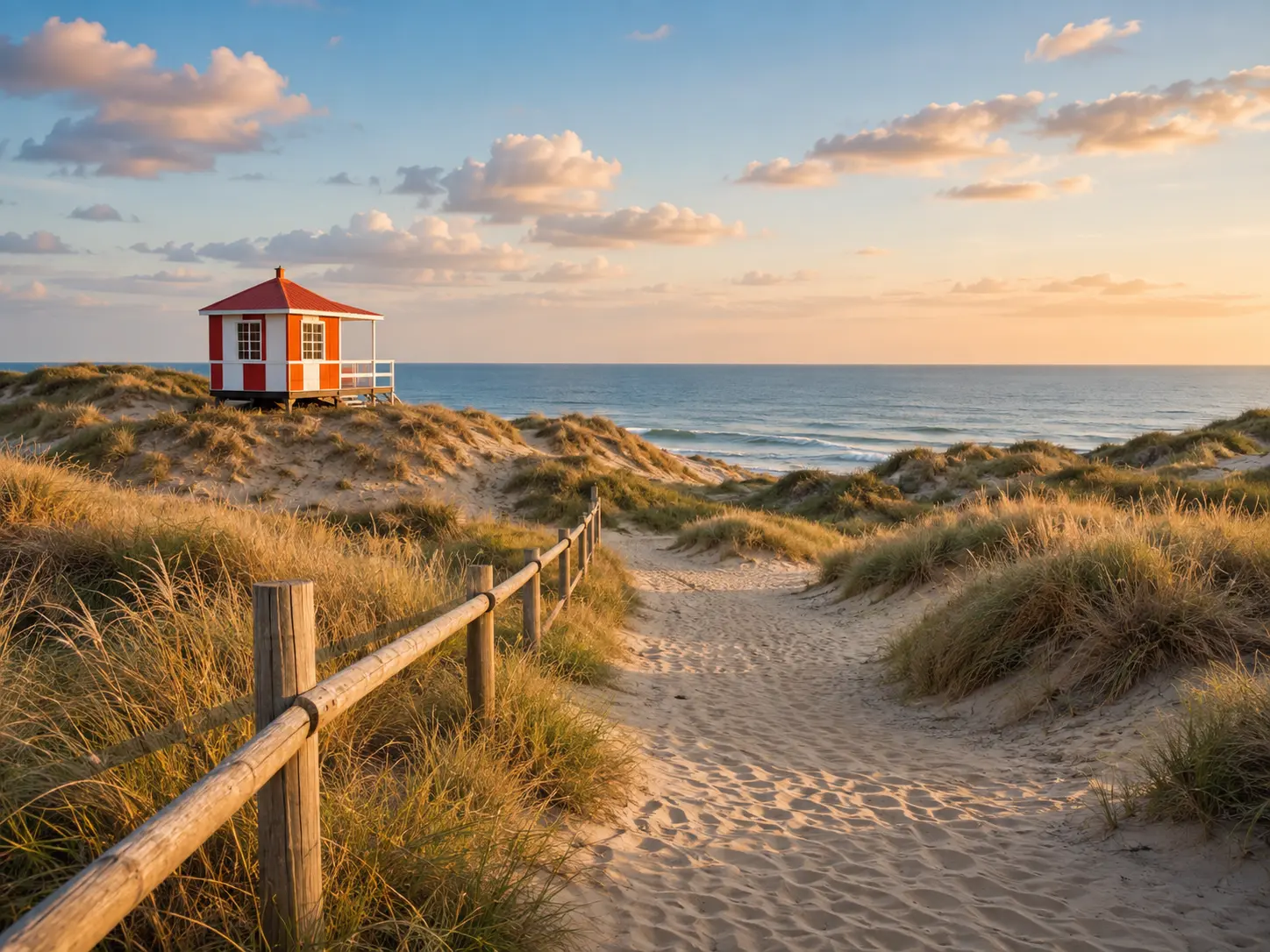 Dutch dunes with marram grass and wooden posts in the evening light
