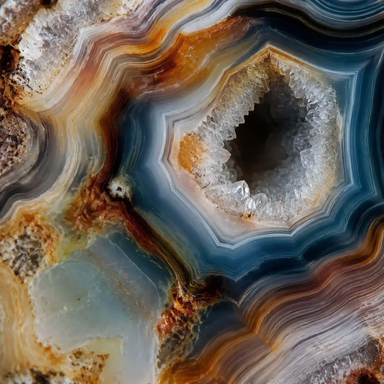 Macro photograph of natural agate with translucent layers of petrol, amber, rust, cream and charcoal around a crystalline opening
