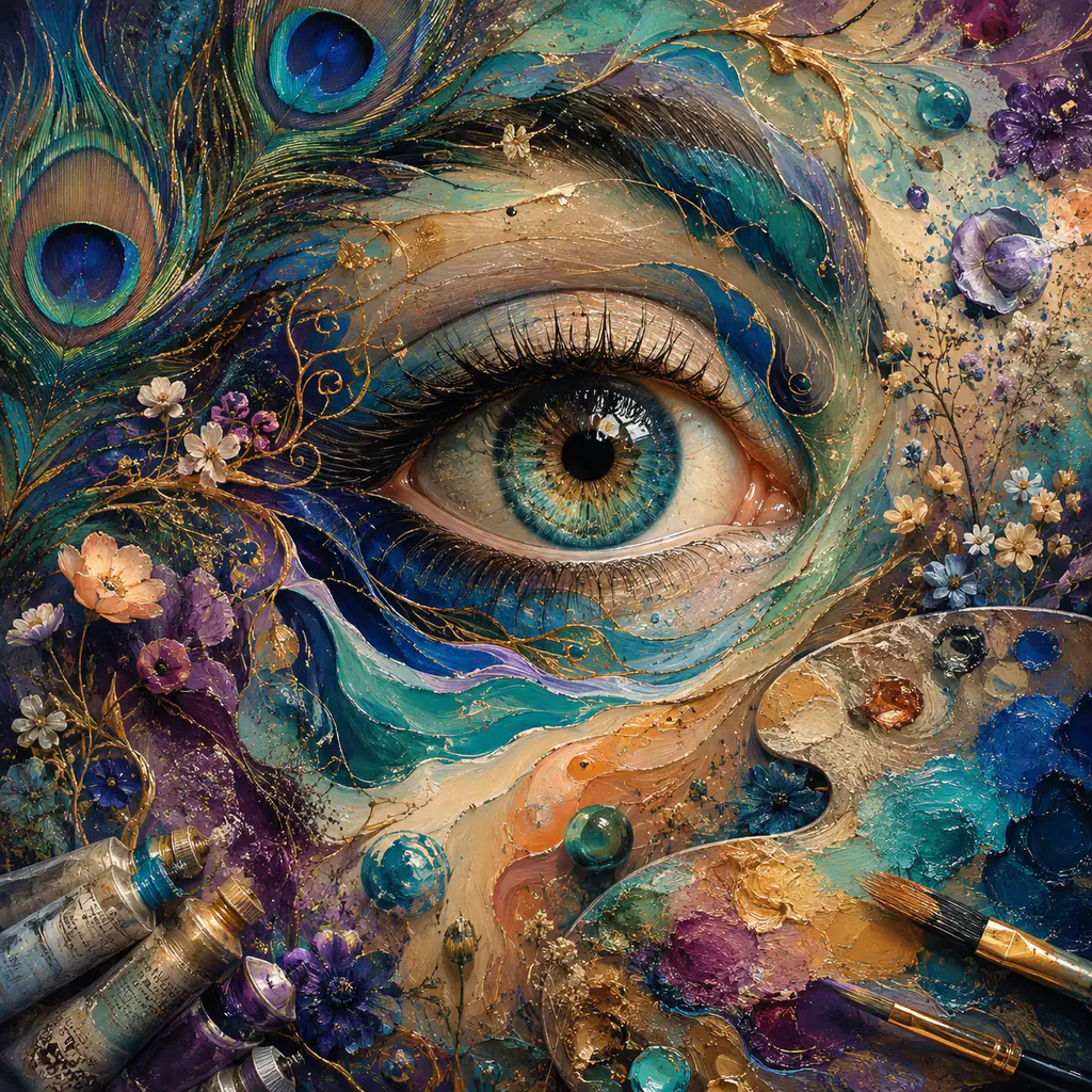 Colourful artist’s composition with palette, brushes, paint tubes, peacock feathers, flowers and an eye with painted lashes