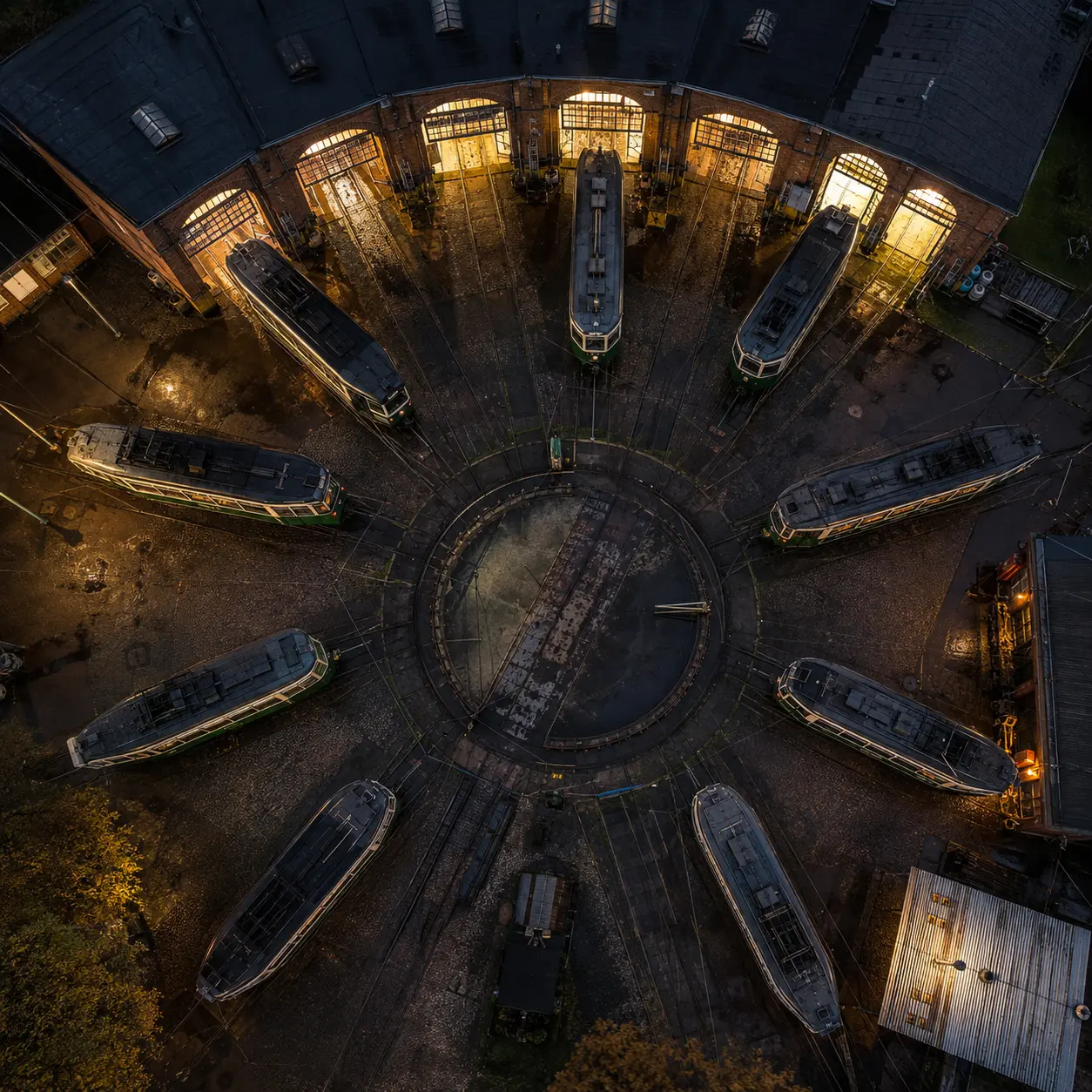 Tram depot seen directly from above at blue hour with green trams around an old turntable, warm workshop windows and wet rails