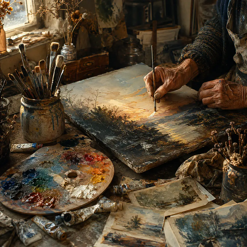 Photographic artist’s table with brushes, paint tubes, a palette, water, a hand and a focused eye