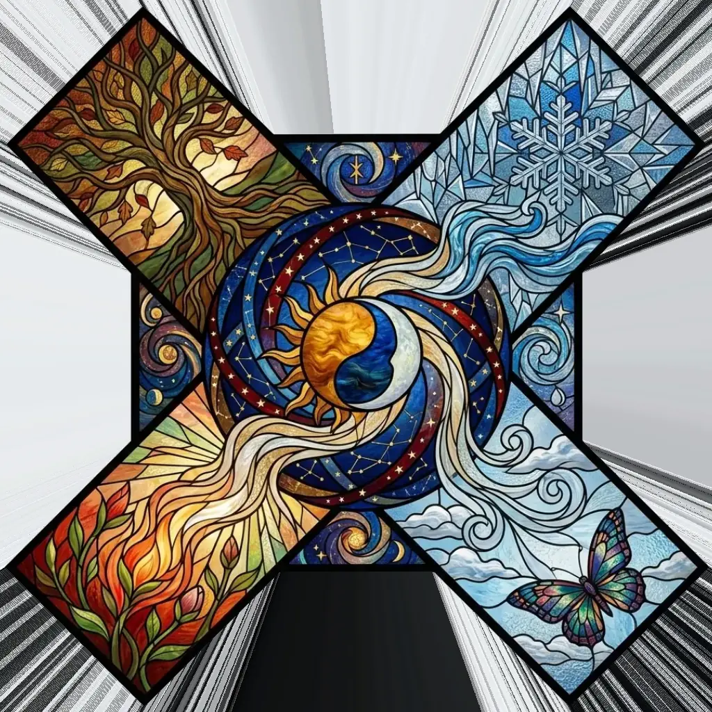 Stained-glass composition with a tree, snow crystal, fire, clouds, butterfly and a celestial centre of sun and moon