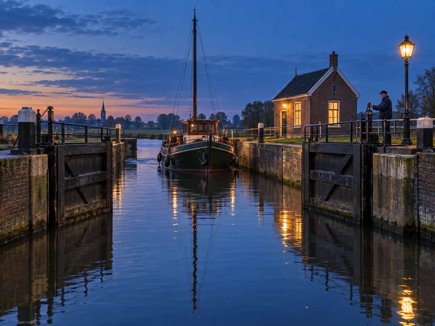 Quiet Dutch lock at blue hour with a vessel entering, dark wooden lock gates, a lit lock keeper's house and long reflections in the water.