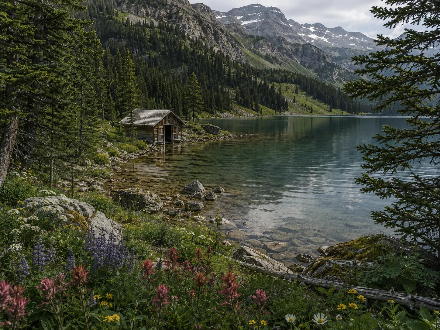 Turquoise mountain lake with a wooden boathouse, pines, rocks and colourful flowers