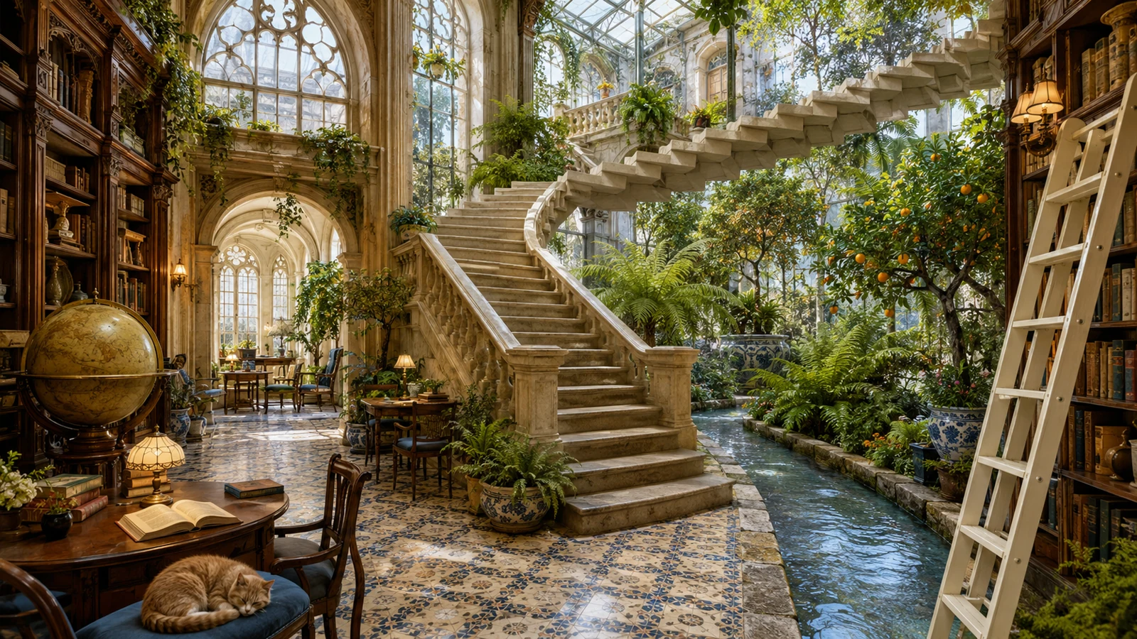 A lush library inside a glass greenhouse filled with green plants, orange trees and a narrow babbling stream. In the bottom left, a ginger cat sleeps on a chair beside a large antique globe and a stone spiral staircase.