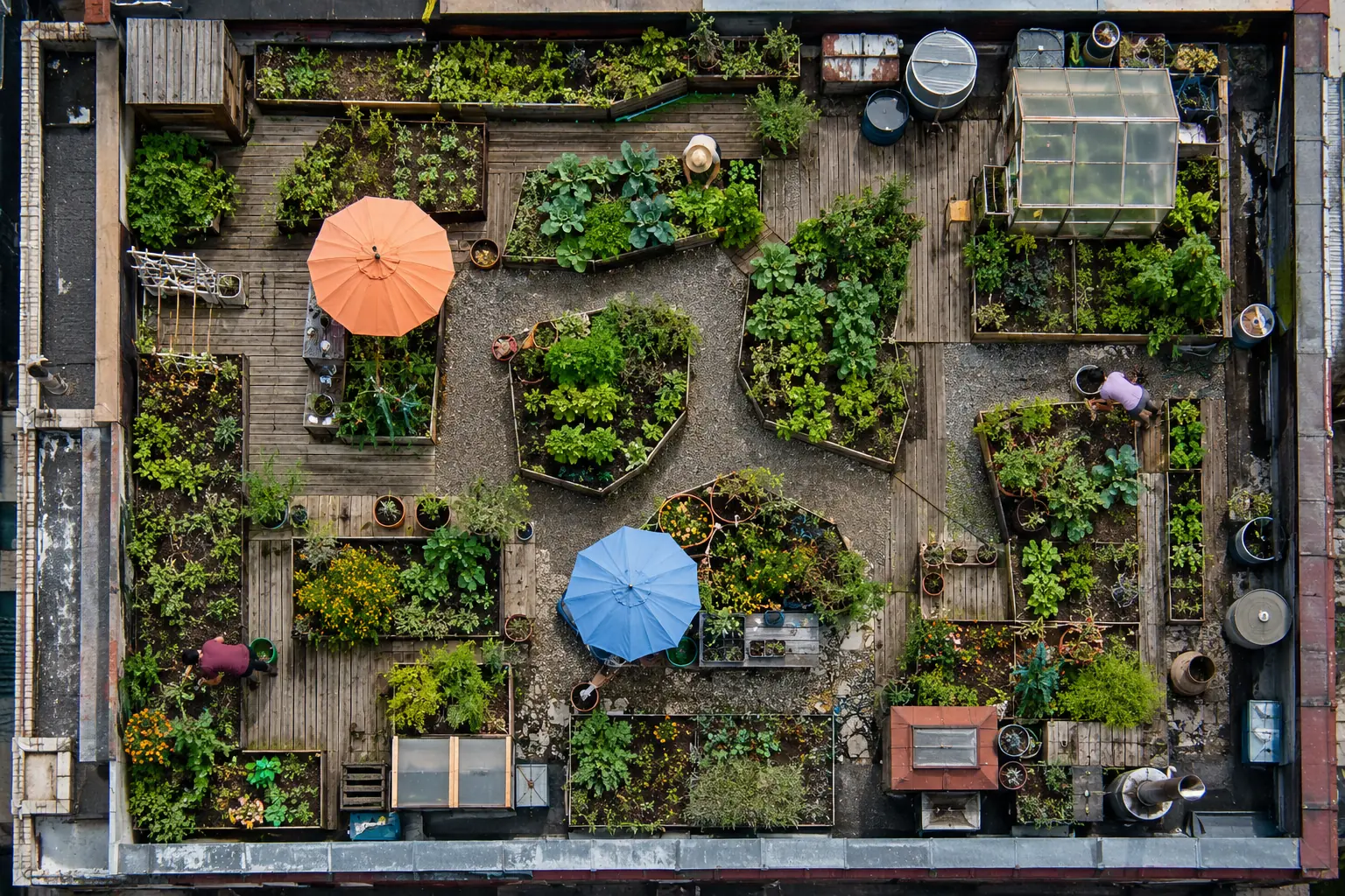 Community rooftop garden seen directly from above with planting beds, gravel paths, timber decking, parasols, small greenhouses, tools and gardeners