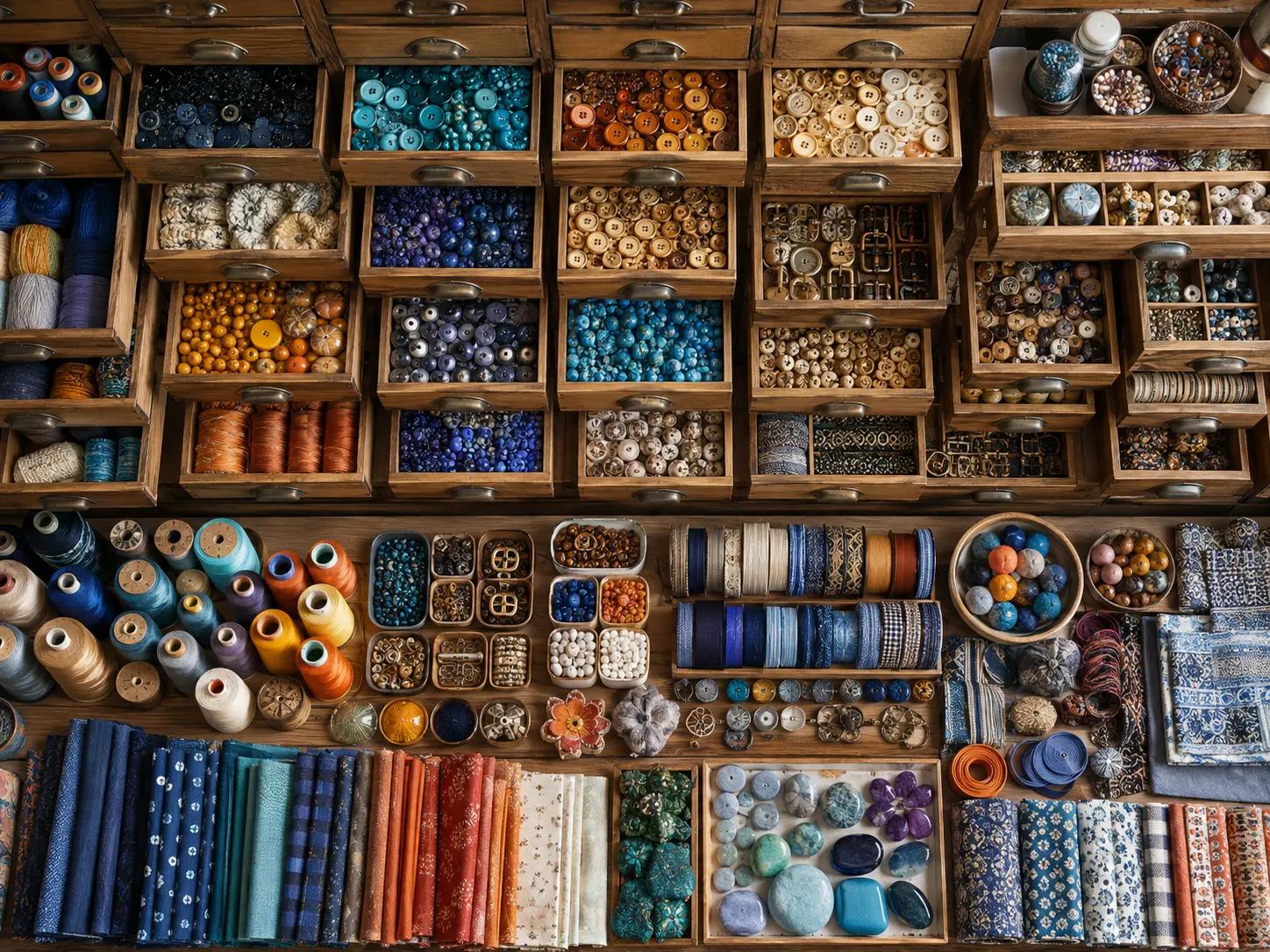 Drawer cabinet and worktable from above with buttons, threads, ribbons, beads and fabrics sorted by colour